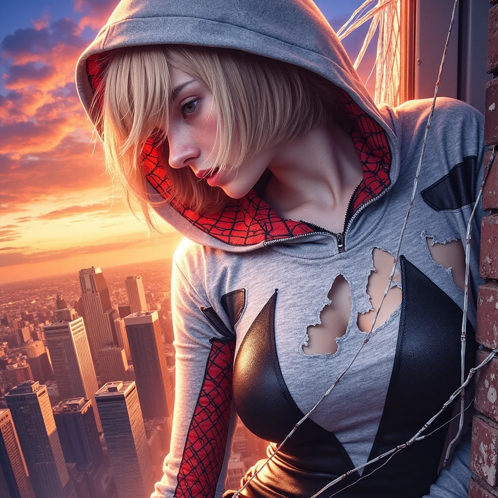  promotional slide ,  Marvel movie poster for 'Spider-Man.: Home field , 'starring Emma Meyer in the Spider-Stirring . [Bob Haircut, She wearing destroyed torn breasts pop out suit skin-tight white and balck red spider-gwen costume,  Climbing the building ,  on a rooftop in Brooklyn, New York City .  title is : "spider-man:Home field " and " coming in 2030 ."