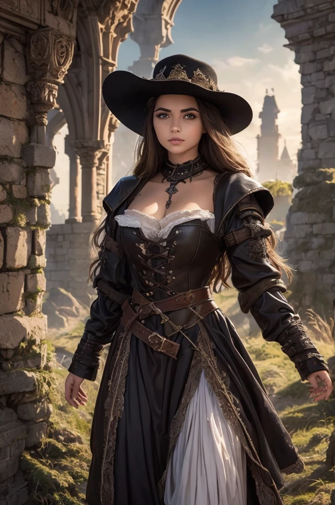  ma medieval pioneer woman fluffy face explorer exploring the horizon, Very pretty leather clothing ,  a noble cloak and a cowboy hat , fly away, tem, cabelo castanho dark, cowboy western, ela carrega um manto roxo dark em suas costas, dark, suas roupas tem detalhes roxo dark, roupas de exploração realista em cabelo castanho dark, jovem doce e amável dos olhos castanho-darks, and olive skin ,  reflecting her connection with the hard land of Viladella .  She is ingenious and determined ,  with a strong work ethic and a deep respect for the effort required to survive in such a difficult environment. medieval era,  Middle Ages , wild and unknown terrain , desbravadora com uma capa roxa dark e detalhes roxo,  she is exploring with great grace , Sweet and lovely girl 