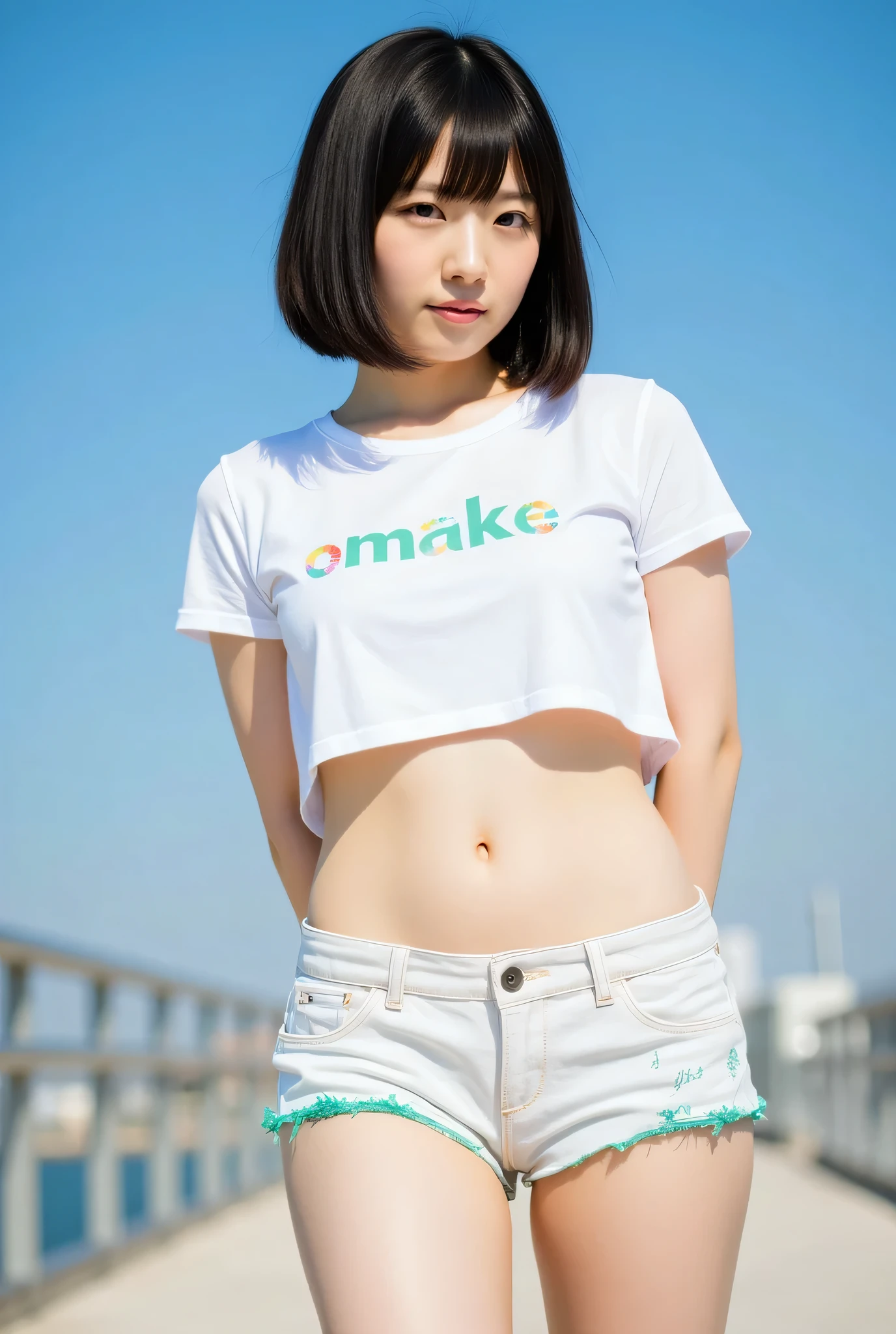 19 year old, Japanese female, REIKA, beautiful short bob cut hair, cecile cut hair, best proportion, professional photo, ultra detailed, 15mm film, portrait, highest quality, arms behind back, white T-shirts "omake" white-green tight-short pants lowrise close up thick thigh smooth thigh radiant thigh focus from thigh under angle, outdoor blue sky,