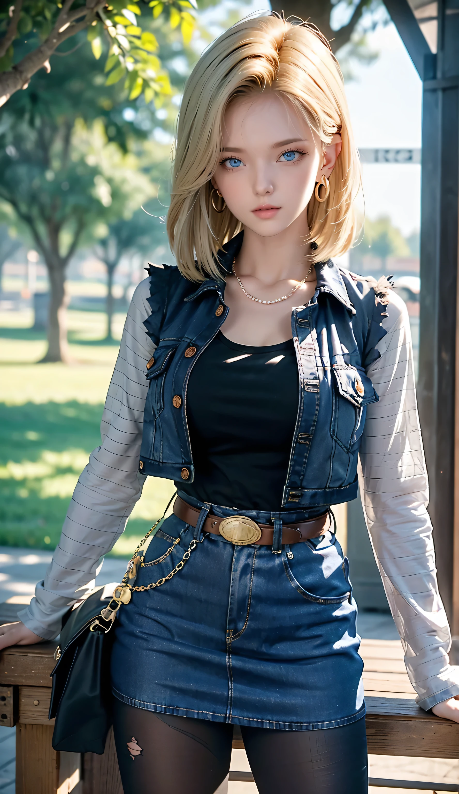 Android 18, Light Blonde hair, Medium hair shaggy cut for women, Blue Transparent eyes of Slavic Caucasians, She has sexy double eyelids above and below her eyes, The flash in the eyeballs is brilliant, She is not wearing any jewelry such as a necklace around her neck, open-chested Black -shirt, Not wearing a bra, She only Wears round earrings, Tight Long sleeves with black stripes on a white background, Blue denim mini vest, Blue denim mini skirt, The denim mini skirt and denim mini vest set in the same blue color, The mini denim vest does not have a zipper, but the mini denim skirt does, and the denim vest has five silver buttons to fasten the garment, The denim skirt's zipper seam line and stitching run vertically straight to the bottom of the skirt, and the denim vest has no zipper, so it's clean, Open-chested denim vest, Large breasts, Women's Western Cowboy Belt, Brown see-through pantyhose, Western short boots, Looking at viewer, Her whole body is visible on the screen, She is standing in front of the bench Her entire body is visible on the screen, from her head to her boots, Slight smiling with closed lips standing next to bench , Blue sky, outside, park, grass, Summer, trees, blue sky, high quality, masterpiece,