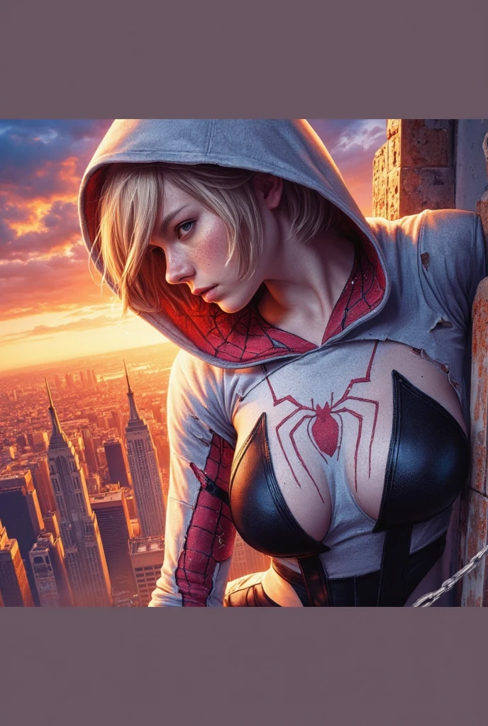  promotional slide ,  Marvel movie poster for 'Spider-Man.: Home field , 'starring Emma Meyer in the Spider-Stirring . [Bob Haircut, She wearing destroyed torn suit skin-tight white and balck red spider-gwen costume,  Climbing the building ,  on a rooftop in Brooklyn, New York City .  title is : "spider-man:Home field " and " coming in 2030 ."