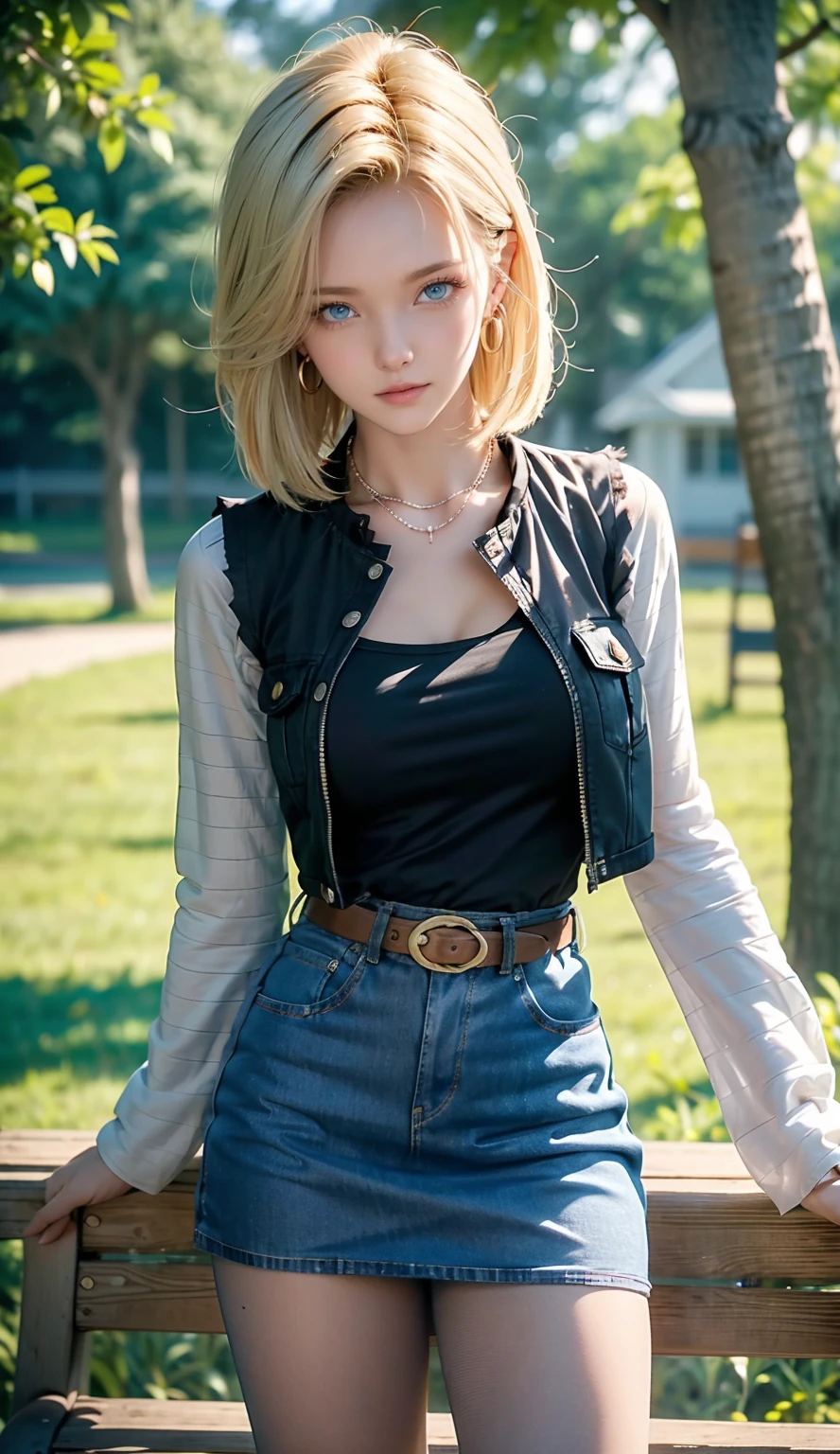 Android 18, Light Blonde hair, Medium hair shaggy cut for women, Blue Transparent eyes of Slavic Caucasians, She has sexy double eyelids above and below her eyes, The flash in the eyeballs is brilliant, She is not wearing any jewelry such as a necklace around her neck, open-chested Black -shirt, Not wearing a bra, She only Wears round earrings, Tight Long sleeves with black stripes on a white background, Blue denim mini vest, Blue denim mini skirt, The denim mini skirt and denim mini vest set in the same blue color, The mini denim vest does not have a zipper, but the mini denim skirt does, and the denim vest has five silver buttons to fasten the garment, The denim skirt's zipper seam line and stitching run vertically straight to the bottom of the skirt, and the denim vest has no zipper, so it's clean, Open-chested denim vest, Large breasts, Women's Western Cowboy Belt, Brown see-through pantyhose, Western short boots, Looking at viewer, Her whole body is visible on the screen, She is standing in front of the bench Her entire body is visible on the screen, from her head to her boots, Slight smiling with closed lips standing next to bench , Blue sky, outside, park, grass, Summer, trees, blue sky, high quality, masterpiece,