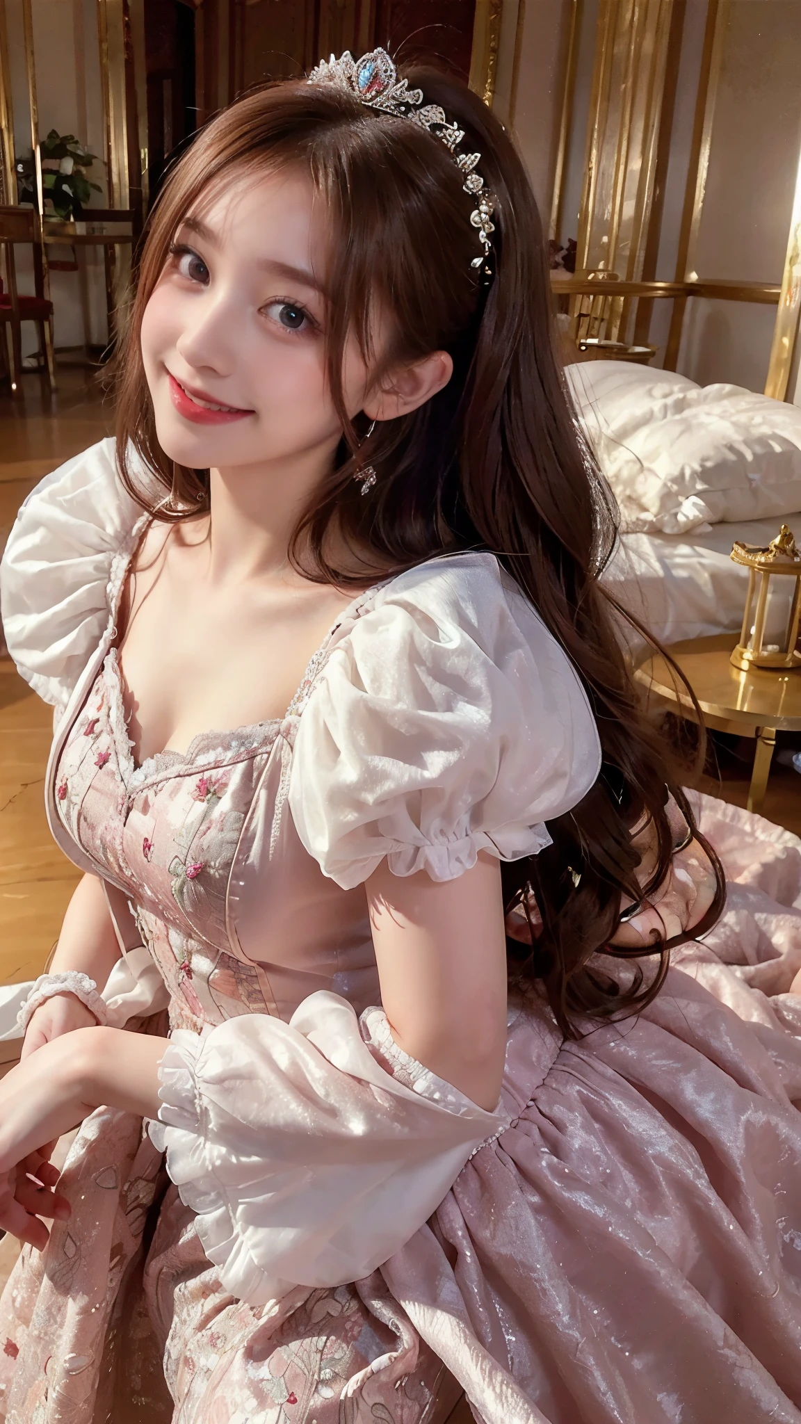  beautiful little princess woman,     chestnut hair    ,    beautiful eyes,   smiling,  actual , Full HD,   very nice dress ，Fluffy dress ，Curvy body，Gorgeous scene，Gorgeous decoration