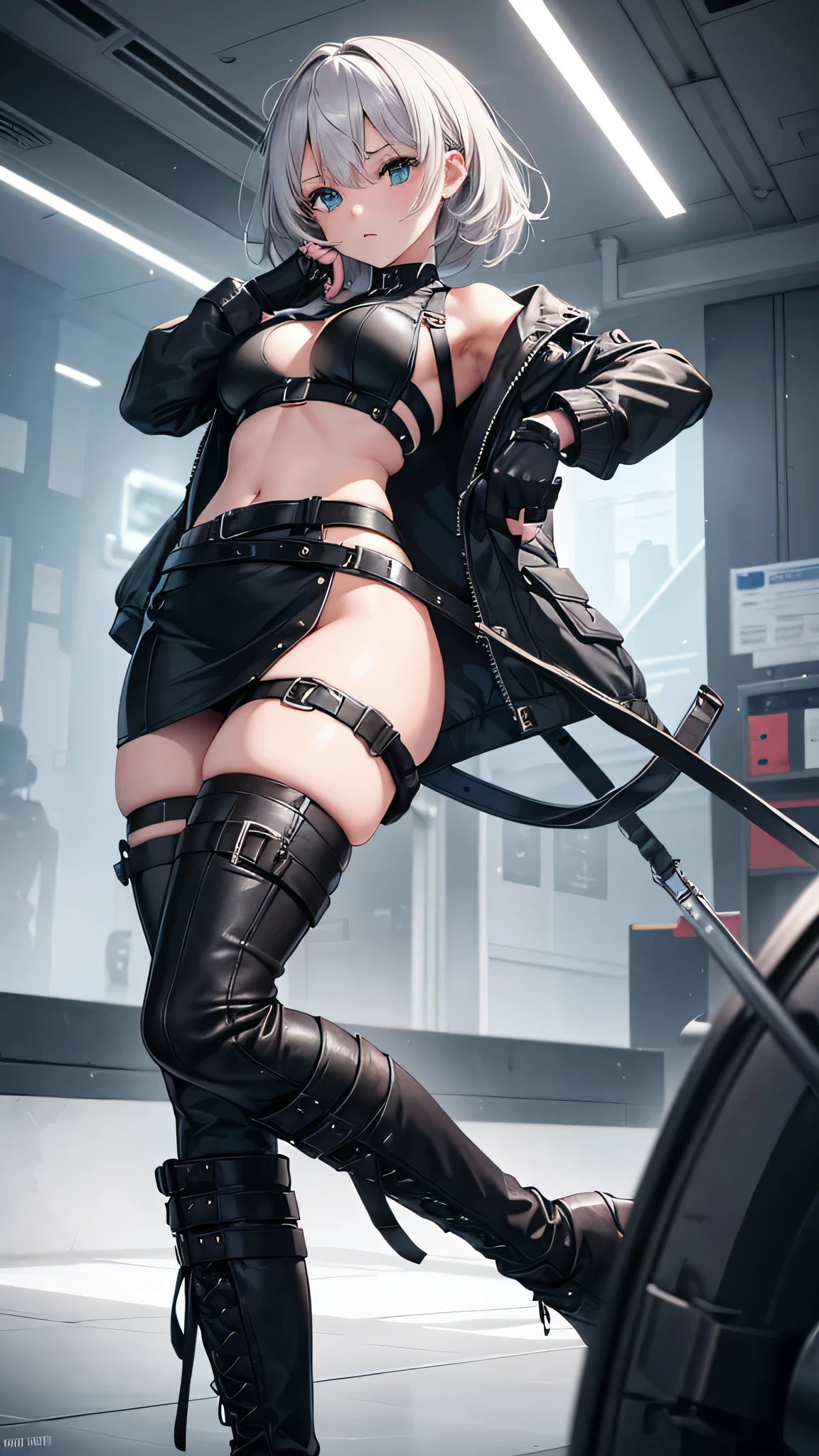 (((Cabelo longo))) black hair yellow eyes pale skin muscular girl huge breasts jacket, holster, gun holster, bondage gear, choker, headband, pantyhose, harness