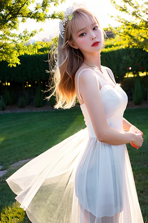 a beautiful blonde woman with blue eyes and shoulder-length but very voluminous hair, wearing chic clothes and singing outdoors, crying with emotion but smiling, (best quality,4k,8k,highres,masterpiece:1.2),ultra-detailed,(realistic,photorealistic,photo-realistic:1.37),detailed eyes,detailed lips,extremely detailed face,longeyelashes,elegant dress,outdoor stage,emotional expression,sunlight,vibrant colors,cinematic lighting