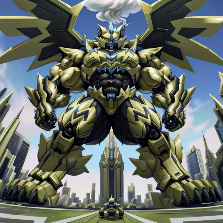 (masterpiece. official art. 8k. best quality. detailed full body. full body.)
(situation 1 : dominating zeraora. focus GIANT mechanical Muscular zeraora is trampling the CITY. macro. stomp. Low-angle perspective. emphasizing the immense size. The perspective is from below, emphasizing the sheer majesty and power of the Giant. giant art. He is much bigger than a skyscraper. Giga Giants. micro soccer field. looking down.)

(situation 2 :smoke and flames rising from the destruction in the city)

(Additional details 1: wearing a full-face helmet. helmet is jet black. The color of NANOSUIT is jet black. high-tech bio-mecha armor. real texture material. whole body shines like metal. Wearing cyberpunk mecha. emphasizes the muscles. suit fully made of metal. intricate armor. Robotic suit. suit fully made of metal. no face.). (zeraora has 5 toes.) Wearing a Full Face Toxic Gas Mask. no blue.
An arrogant expression.
smile at the corner of your mouth.

(Additional details 2: (Detailed head. Detailed Body. Detailed abs. gigantic muscles. HYPER MUSCLES. Gigachad Muscular. big muscle. pecs. triceps. traps. unusually developed muscular body. body full of huge muscles. showing off muscles. pectorales enormes. Exaggeratedly huge muscles. huge muscles. long legs.).

(Additional details 3: nj5furry, Spread wings. It has wings. black have big wings. The claws are sharp. Sharp teeth.5 toes.).  