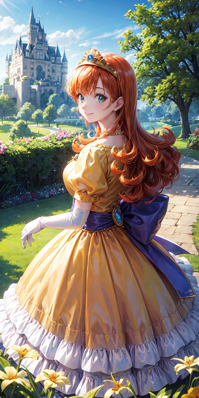 masterpiece, best quality, dqLaura, orange hair, tiara, necklace, yellow dress, elbow gloves, cowboy shot, looking at viewer, castle, garden, sky, spring, smile 