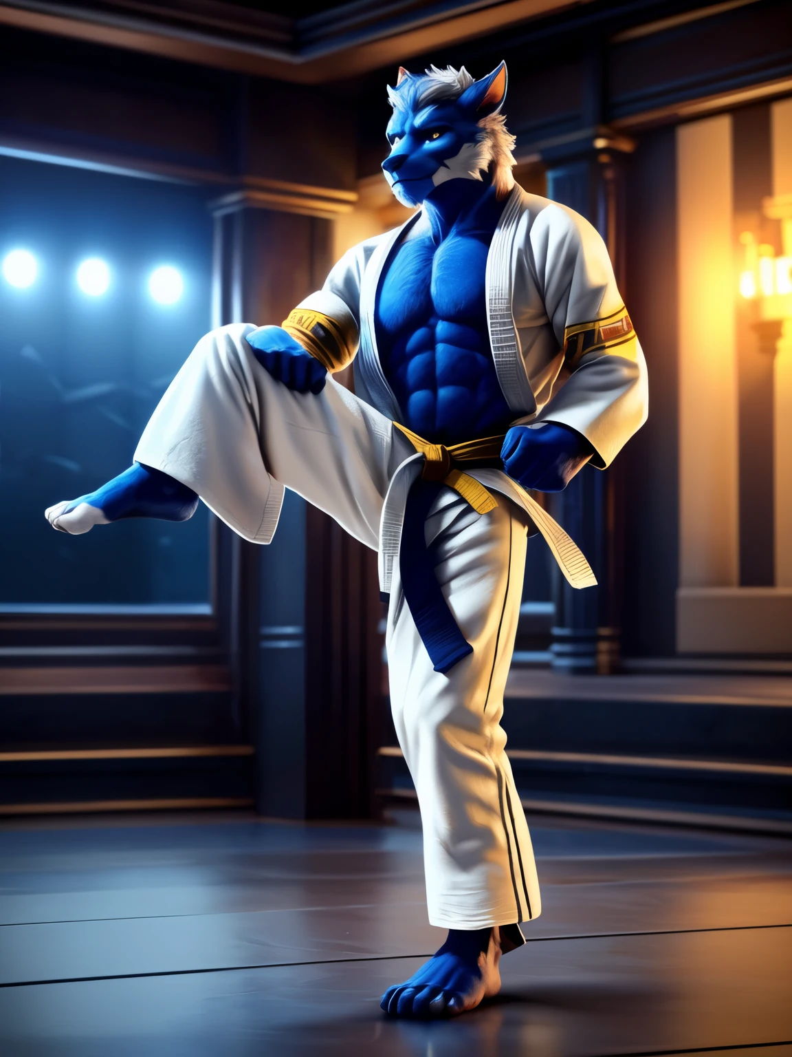 (((Barefoot furry character, full body, cinematic setting, furry male, plantigrade)))
(((Beast from X-Man))), athletic, (((wears long white pants))), (((performs karate kick))), blue fur on entire body
BREAK, detailed background, 8K, (masterpiece:1.5), intricate details, highly detailed, extreme detail, octane render, fine art, best quality, highres, (detailed face:1.5), ((full_body)), UHD, (((perfect hands))), low light