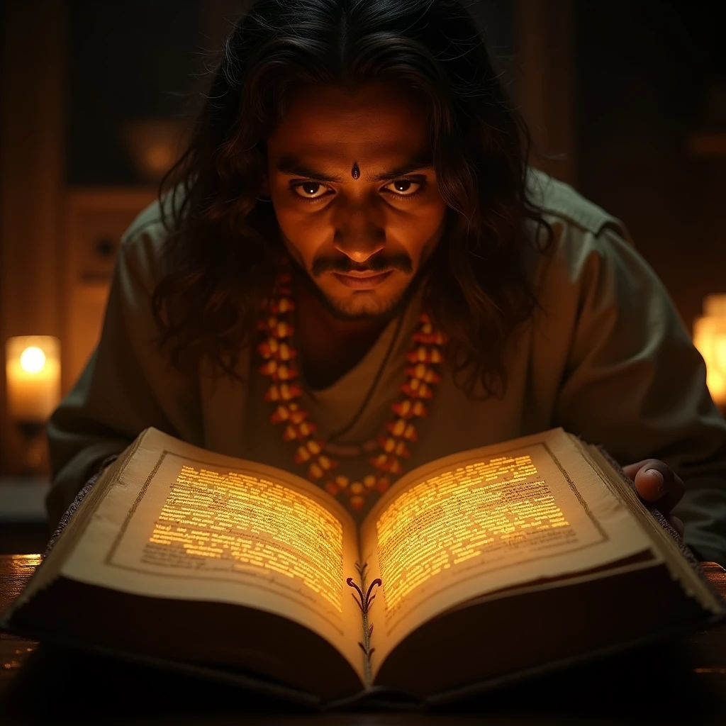 Close-up of old Sanskrit scriptures (like the Ramayana) with glowing golden text appearing on the screen. Indian realistic character 4k