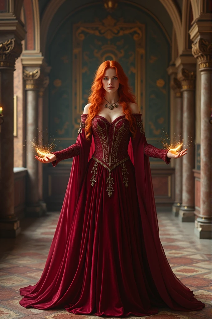 Artistic photograph of a redhead woman in female langerie, full breasts, slim waist, large transparent hip Lucilla Jiggly, (full body photo), extremely detailed, centered, [intricate witch cauldron in the background], high resolution, hyper detailed, insane details, soft lighting, film grain
