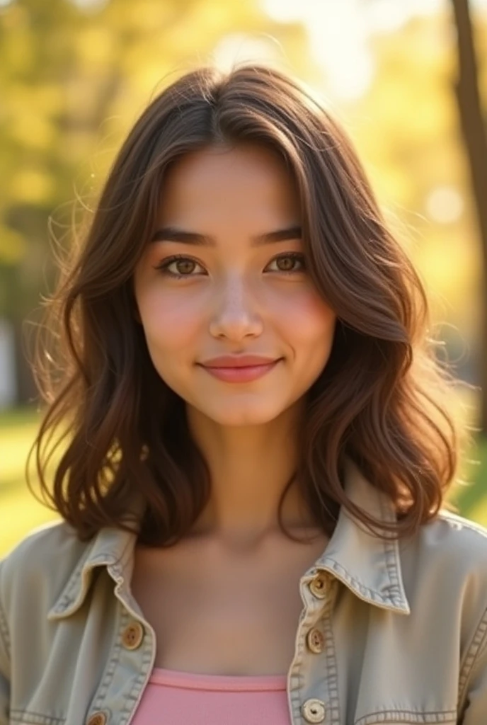 A portrait of a young woman with soft, natural features, fair skin, and medium-length dark brown hair with light waves. She has expressive eyes and a calm, thoughtful expression. The background is a sunny park scene with soft focus trees and warm lighting. She is dressed in casual clothing, such as a pastel-colored top and a light jacket, creating a relaxed and approachable look. The atmosphere is bright and cheerful, with golden sunlight filtering through the trees, highlighting her hair and face