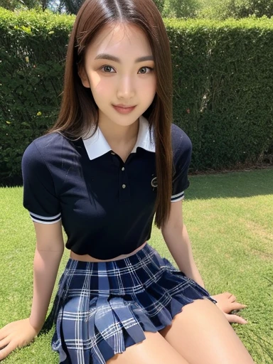 ( best quality: 1.5), (Realistic: 1.5), (1 person: 1.5),  very detailed,  high definition , 8k,  medium breasts,  natural colored lips,  cute smile with blush,  comet ,  20 year old girl ,  beautiful and elegant features ,  perfect and beautiful face,  Big Balanced Eyes ,  Brown Eyes ,  beautiful and elegant features , Natural double eyelids,  naturally beautiful forehead , Beautiful thin nose,  beautiful skin ,  medium bob hair ,  naturally beautiful forehead  ,  perfect and beautiful face, Slim face and figure, Blue summer sky, Glass Park,  staring at the viewer ,  black socks, (  looking at the camera with a gentle smile ),  bright lighting, Professional Lighting, Forward lighting, Beautiful legs: 1.2,  , Slender body,  Slim Waistline , Slim and thin thighs, (  sitting on grass ), White clover blooming ,  clevis, Detailed clothing, (High School Uniform:1.5), ( Pleated Skirts:1.5),   micro mini skirt with plaid , Short sleeve dress shirt,