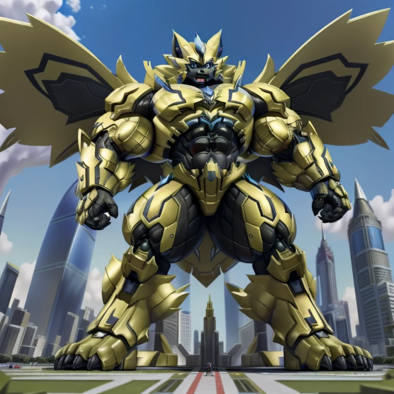 (masterpiece. official art. 8k. best quality. detailed full body. full body.)
(situation 1 : dominating zeraora. focus GIANT mechanical Muscular zeraora is trampling the CITY. macro. stomp. Low-angle perspective. emphasizing the immense size. The perspective is from below, emphasizing the sheer majesty and power of the Giant. giant art. He is much bigger than a skyscraper. Giga Giants. micro soccer field. looking down.)

(situation 2 :smoke and flames rising from the destruction in the city)

(Additional details 1: wearing a full-face helmet. helmet is jet black. The color of NANOSUIT is jet black. high-tech bio-mecha armor. real texture material. whole body shines like metal. Wearing cyberpunk mecha. emphasizes the muscles. suit fully made of metal. intricate armor. Robotic suit. suit fully made of metal. no face.). (zeraora has 5 toes.) Wearing a Full Face Toxic Gas Mask. no blue.
An arrogant expression.
smile at the corner of your mouth.

(Additional details 2: (Detailed head. Detailed Body. Detailed abs. gigantic muscles. HYPER MUSCLES. Gigachad Muscular. big muscle. pecs. triceps. traps. unusually developed muscular body. body full of huge muscles. showing off muscles. pectorales enormes. Exaggeratedly huge muscles. huge muscles. long legs.).

(Additional details 3: nj5furry, Spread wings. It has wings. black have big wings. The claws are sharp. Sharp teeth.5 toes.).  