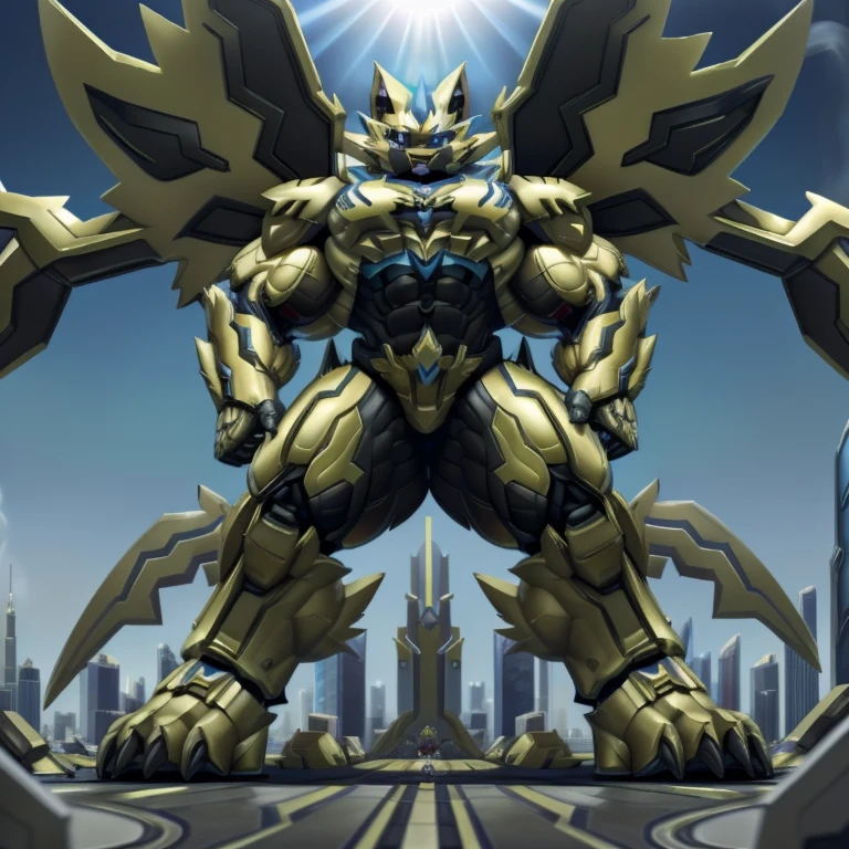 (masterpiece. official art. 8k. best quality. detailed full body. full body.)
(situation 1 : dominating zeraora. focus GIANT mechanical Muscular zeraora is trampling the CITY. macro. stomp. Low-angle perspective. emphasizing the immense size. The perspective is from below, emphasizing the sheer majesty and power of the Giant. giant art. He is much bigger than a skyscraper. Giga Giants. micro soccer field. looking down.)

(situation 2 :smoke and flames rising from the destruction in the city)

(Additional details 1: wearing a full-face helmet. helmet is jet black. The color of NANOSUIT is jet black. high-tech bio-mecha armor. real texture material. whole body shines like metal. Wearing cyberpunk mecha. emphasizes the muscles. suit fully made of metal. intricate armor. Robotic suit. suit fully made of metal. no face.). (zeraora has 5 toes.) Wearing a Full Face Toxic Gas Mask. no blue.
An arrogant expression.
smile at the corner of your mouth.

(Additional details 2: (Detailed head. Detailed Body. Detailed abs. gigantic muscles. HYPER MUSCLES. Gigachad Muscular. big muscle. pecs. triceps. traps. unusually developed muscular body. body full of huge muscles. showing off muscles. pectorales enormes. Exaggeratedly huge muscles. huge muscles. long legs.).

(Additional details 3: nj5furry, Spread wings. It has wings. black have big wings. The claws are sharp. Sharp teeth.5 toes.).  