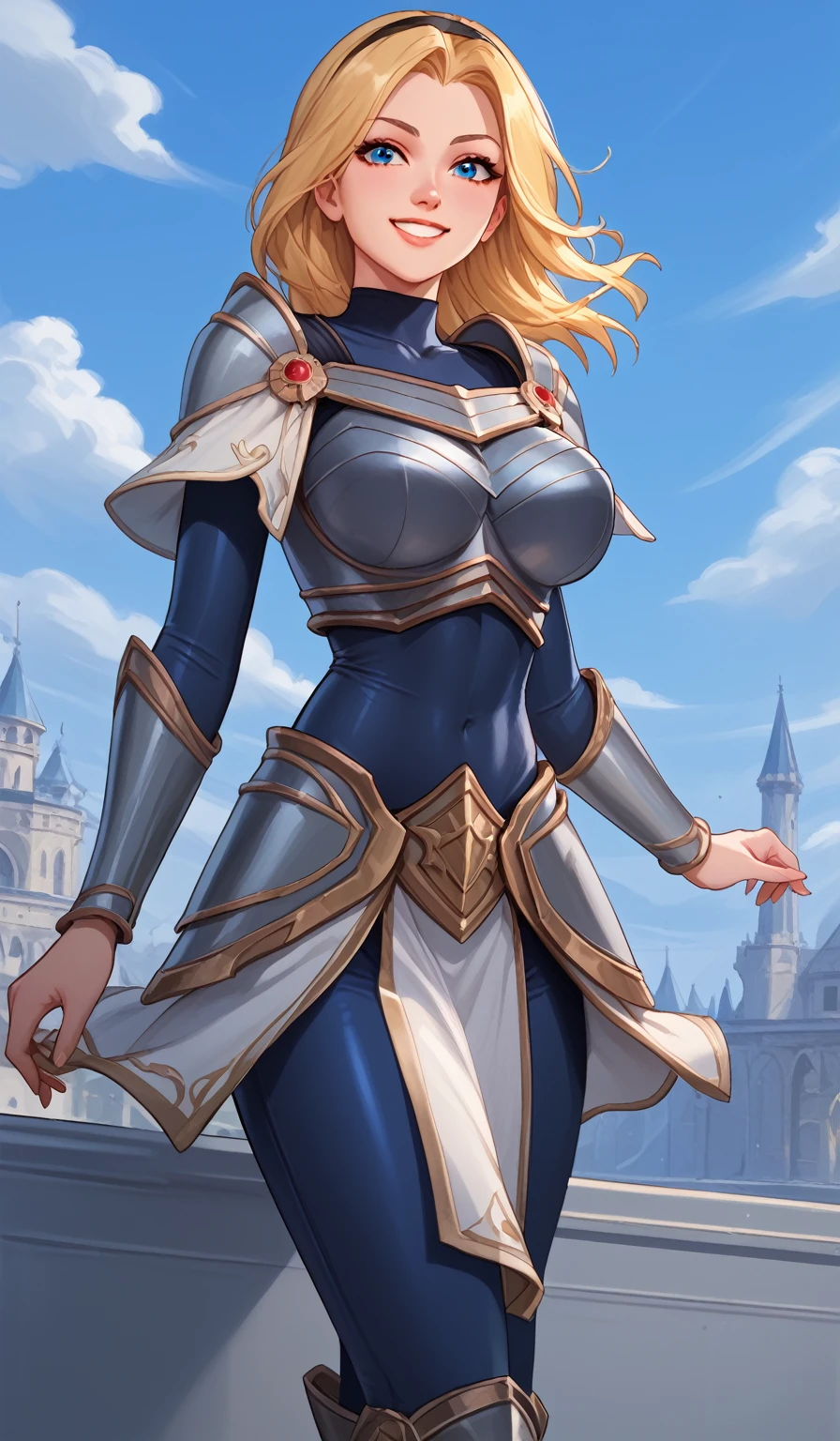 score_9, score_8_up, score_7_up, score_6_up, score_5_up, score_4_up, LuxLoLXL, blue eyes, blonde hair, long hair, black hairband, medium breasts, collarbone, shoulder armor, armor, blue bodysuit, breastplate, long sleeves, faulds, skirt, blue pants, armored boots, ((((big breasts)))), smile, alone full body,sitting on a cloud, blue sky clouds , knee high boots