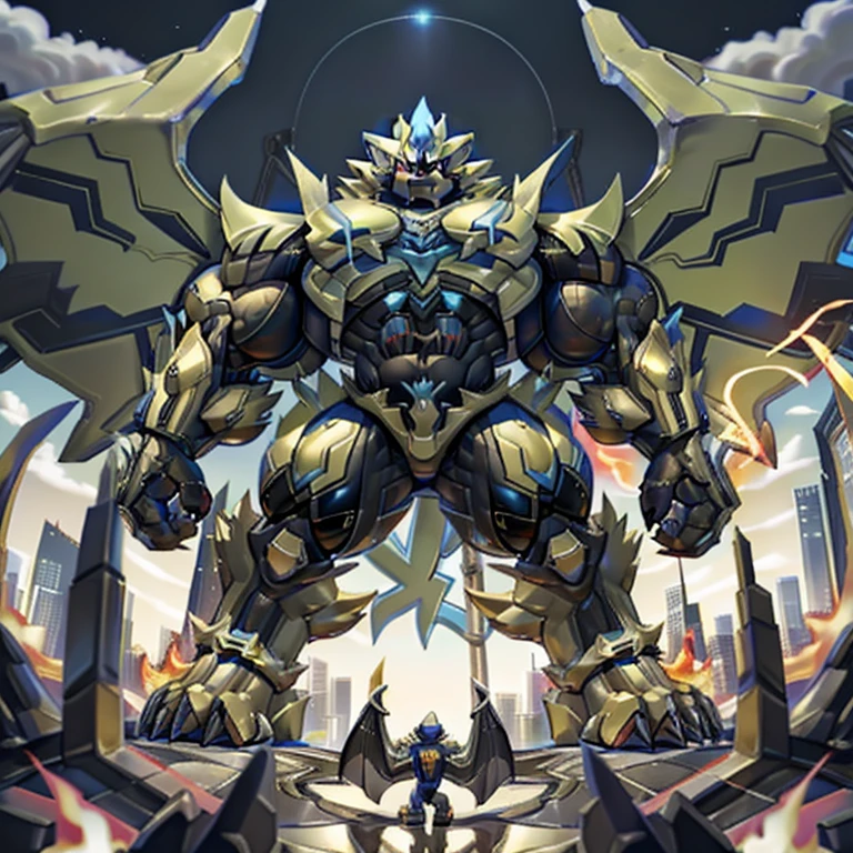 (masterpiece. official art. 8k. best quality. detailed full body. full body.)
(situation 1 : dominating zeraora. focus GIANT mechanical Muscular zeraora is trampling the CITY. macro. stomp. Low-angle perspective. emphasizing the immense size. The perspective is from below, emphasizing the sheer majesty and power of the Giant. giant art. He is much bigger than a skyscraper. Giga Giants. micro soccer field. looking down.)

(situation 2 :smoke and flames rising from the destruction in the city)

(Additional details 1: wearing a full-face helmet. helmet is jet black. The color of NANOSUIT is jet black. high-tech bio-mecha armor. real texture material. whole body shines like metal. Wearing cyberpunk mecha. emphasizes the muscles. suit fully made of metal. intricate armor. Robotic suit. suit fully made of metal. no face.). (zeraora has 5 toes.) Wearing a Full Face Toxic Gas Mask. no blue.
An arrogant expression.
smile at the corner of your mouth.

(Additional details 2: (Detailed head. Detailed Body. Detailed abs. gigantic muscles. HYPER MUSCLES. Gigachad Muscular. big muscle. pecs. triceps. traps. unusually developed muscular body. body full of huge muscles. showing off muscles. pectorales enormes. Exaggeratedly huge muscles. huge muscles. long legs.).

(Additional details 3: nj5furry, Spread wings. It has wings. black have big wings. The claws are sharp. Sharp teeth.5 toes.).  