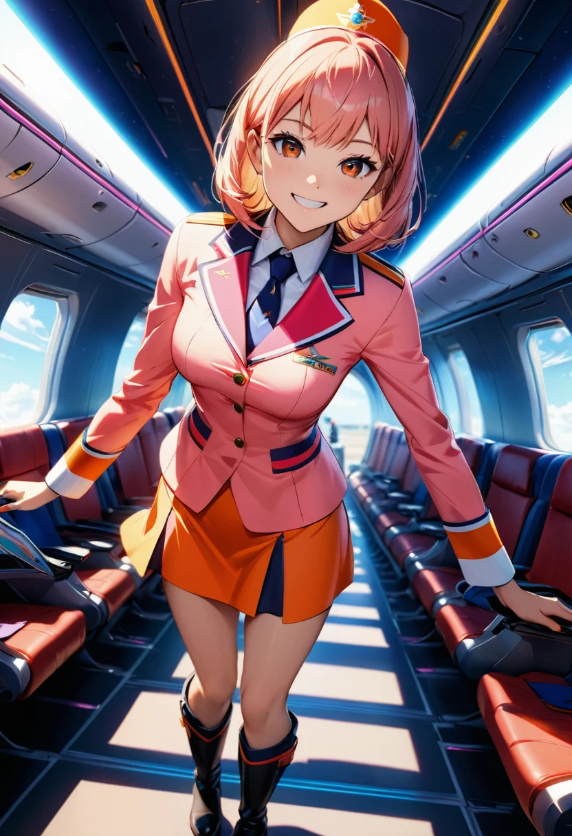 a flight attendant in a mini skirt and boots uniform, wearing an orange and pink dress, smiling, in the interior of an aircraft, dynamic angle, shallow depth of field, chromatic aberration, highly refined, surreal