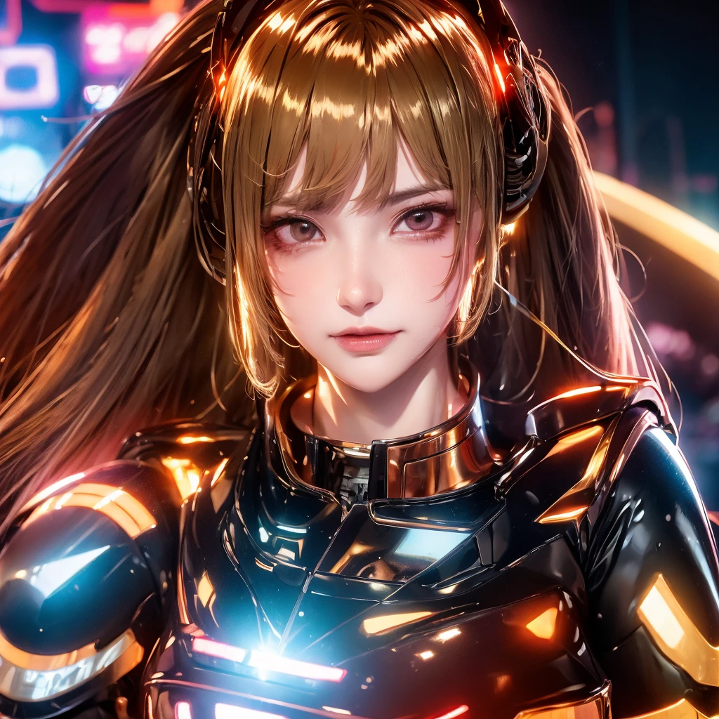 (18-year-old girl:1.5),  slightly tanned skin, (dark brown eyes:1.5), (gray hair:1.5), long hair, modern, (Cyborg, high-tech armor, skin_stretched_over_metal, half_machine_half_human, body horror:1.1, combat vest, glowing brown eyes:1.1, determined expression, high-tech city:1.3), gorgeous, delicate, elegant, very anime, delicate, hyper realistic, high detailed, white lighting, 16k, medium shot, sharp focus, masterpiece, complex background, digital illustration by artgerm, greg rutkowski, alphonse mucha, absurdres, hyper photo-realistic, anime,