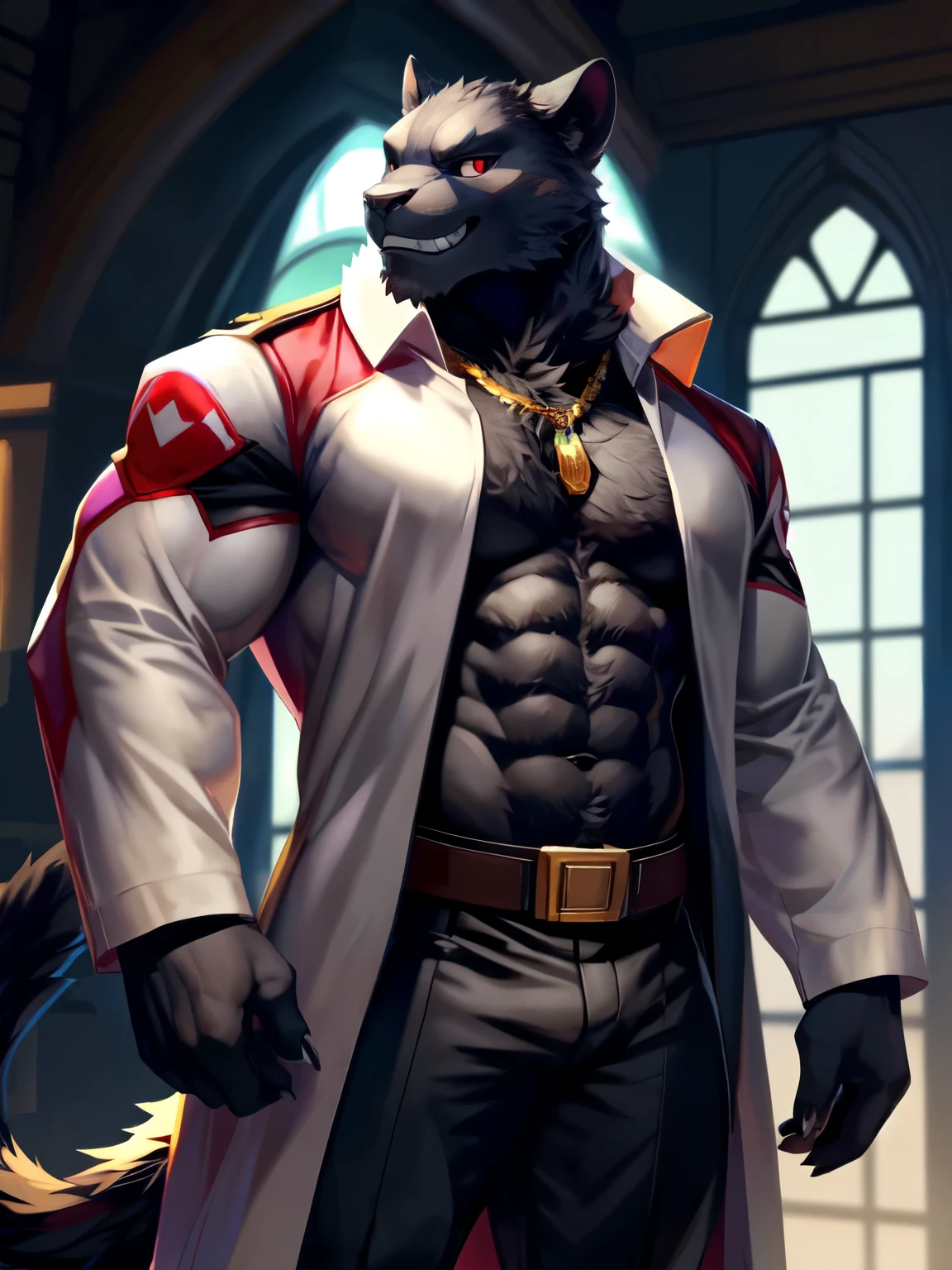 deer, black loincloth, red cape, masterpiece, body detail, hair all over the body, detailed face, detailed eyes, Detailed hands, skinny, claws, High resolution, metal handcuffs on wrists, metal ankle cuffs, shirtless, without underwear, bar full of people, por pache riggs