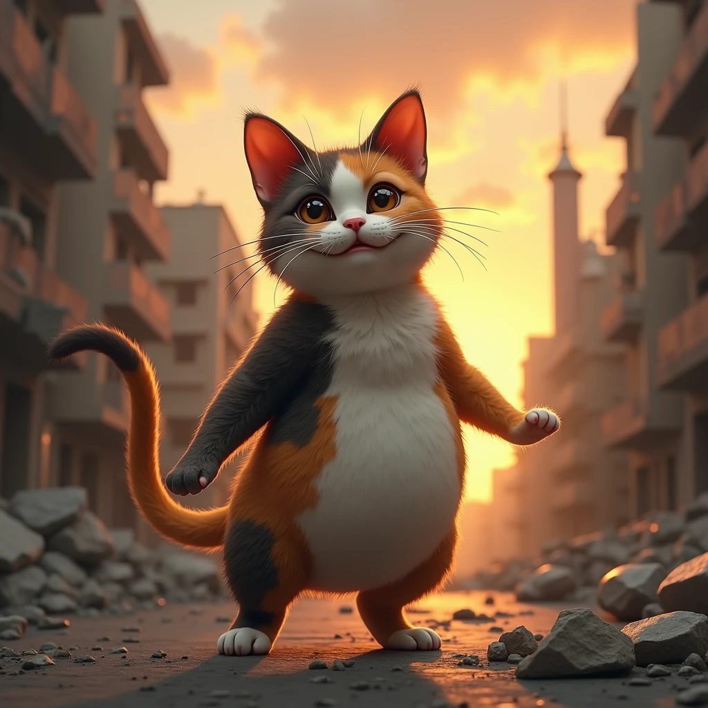 ((They dance a light dance on the ))、 A fat calico cat with a bulging face that stands up across the building street and walks on 2 legs((Cait Sith)) poses to apply a special move to 、A city covered in rubble 、 a calico cat standing with a backlit sunset sky on its back ((Cait Sith))