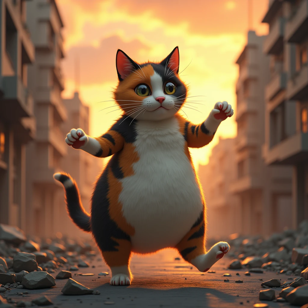 ((They dance a light dance on the ))、 A fat calico cat with a bulging face that stands up across the building street and walks on 2 legs((Cait Sith)) poses to apply a special move to 、A city covered in rubble 、 a calico cat standing with a backlit sunset sky on its back ((Cait Sith))