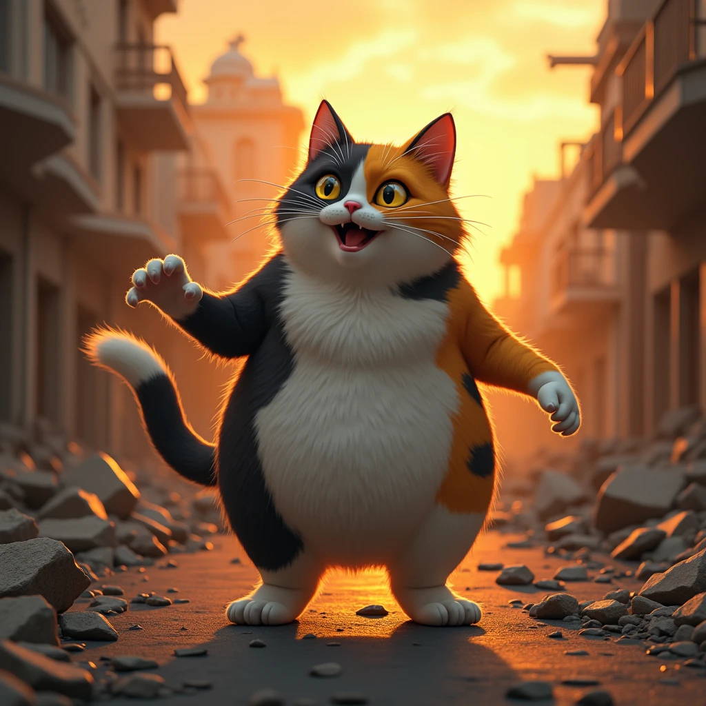 ((They dance a light dance on the ))、 A fat calico cat with a bulging face that stands up across the building street and walks on 2 legs((Cait Sith)) poses to apply a special move to 、A city covered in rubble 、 a calico cat standing with a backlit sunset sky on its back ((Cait Sith))