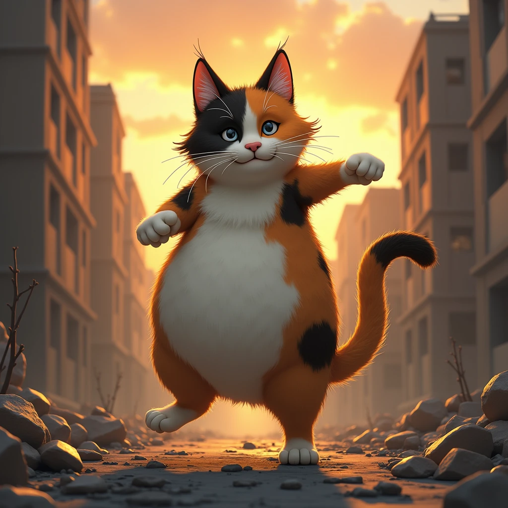 ((They dance a light dance on the ))、 A fat calico cat with a bulging face that stands up across the building street and walks on 2 legs((Cait Sith)) poses to apply a special move to 、A city covered in rubble 、 a calico cat standing with a backlit sunset sky on its back ((Cait Sith))