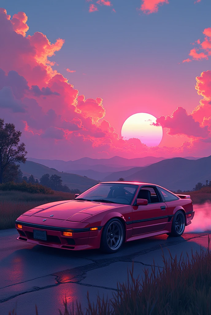  8k uhd, highres, very detailed, nissan nsx 240, cruising on the countryside, best quality, masterpiece, very aesthetic, perfect composition, intricate details, ultra-detailed,  inspired by the aesthetics of the 80s, anime, Nostalgic and colorful colors, synthwave style,