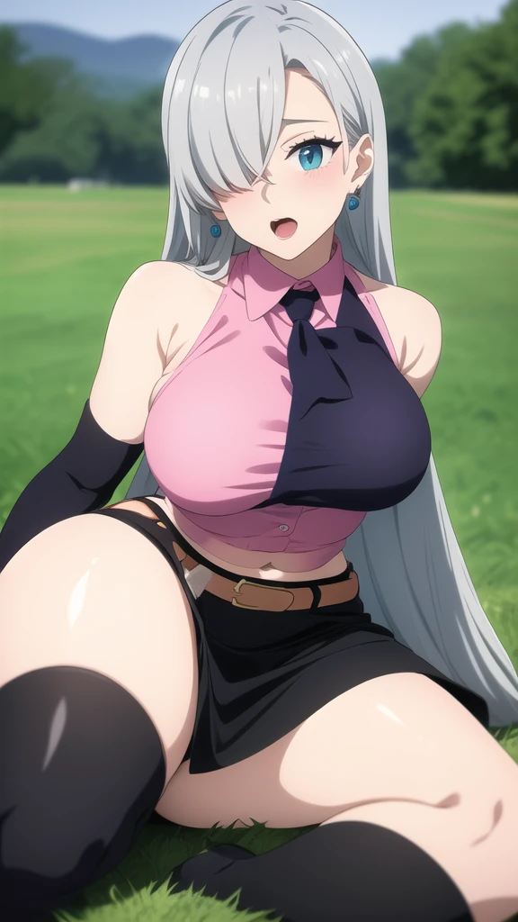 (wallpaper, masterpiece, 1k, anime style: 1.9, (liones castle, full body shot, sensual standing position, looking at the viewer, big breasts, big breasts, open mouth, shy expression, a turquoise blue earring, hair over the eye, high color saturation, bold lines, bold drawing lines, (slender arms, abdomen, single), detailed bold arm lines), (slender arms, slender arms), strong light on the body, simple, wide thighs, pink shirt body, bare arms, bare shoulders, miniskirt, black skirt, belt, a single black thigh-high stocking, asymmetrical leg warmers, (big breasts), pink shirt body, miniskirt, black skirt, belt, black thigh-high stockings, a single thigh-high stocking, asymmetrical leg warmers, perfect hands, seductive, pink shirt body, miniskirt, black skirt, belt, a single black thigh-high stocking,  asymmetrical legs, sensual pose), Elizabeth liones\(the seven deadly sins), young woman, castle of liones, teenager, (curves: 0.8), single, (long hair), (silver hair color: 1.1), white, flat stomach, perfect eyes, white scalp, white eyelashes, blue eyes, anime eyes, white eyeliner, eye shadow, perfect face, shy, sharp focus, professional artwork, intricate details, colorful, vibrant colors, bright colors, digital blur, ultra-detailed body, ultra-detailed hair, ultra-detailed face, shy, very warm colors, sunny day, outdoors, castle of liones, big ass