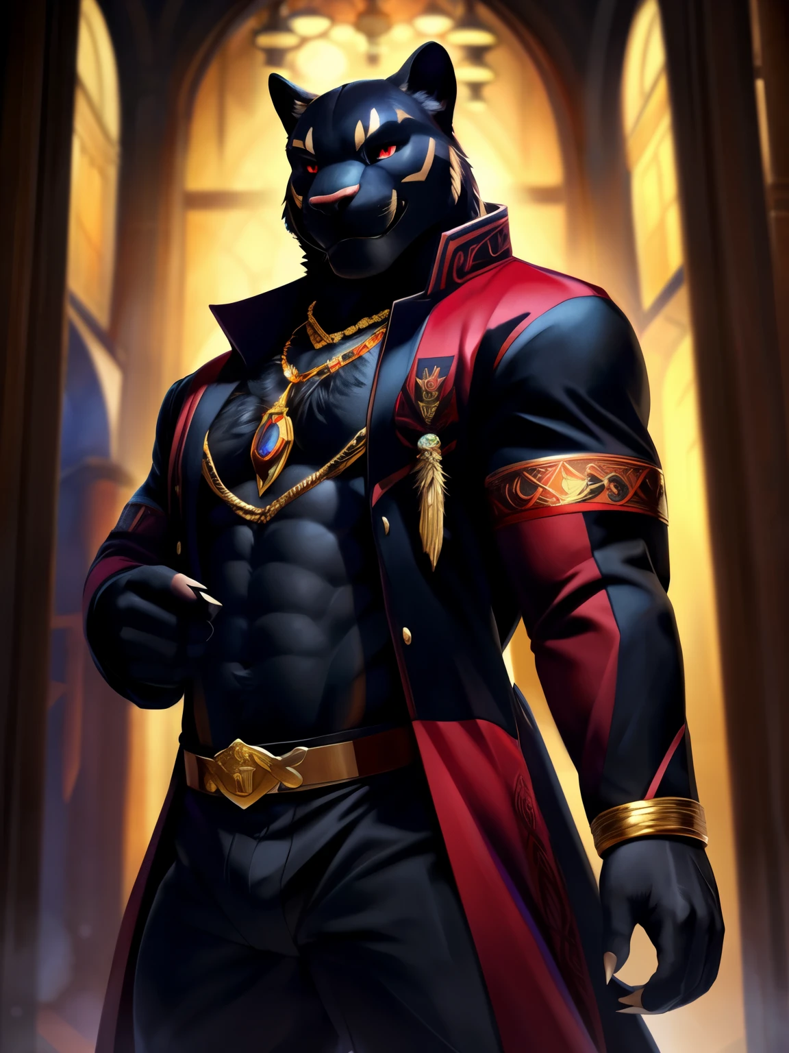 solo,anthro,furry,furry male, Panther, ((fluffy fur,fluffy,furry body)), (black fur, Panther), (black body), big muscles, red eyes, decorative coat, long hair, short hair, detailed fluffy fur, black chest, detailed face, detailed eyes, decorative black coat, fur collar, gold accessory, necklace, red sleeves, uniform, slack pants, black stripes, detailed chest, detailed abs, black slack pants, decorative coat, gold trimmings, tail accessory, panter tail, full body, claws, fantasy grand monastery, red undershirt, (by null-ghost,by raccoon21, masterpiece, high quality,hi-res,8k had), standing pose,close-view portrait, looking at viewer, indoor, lights, serious expression, grin, smirk,