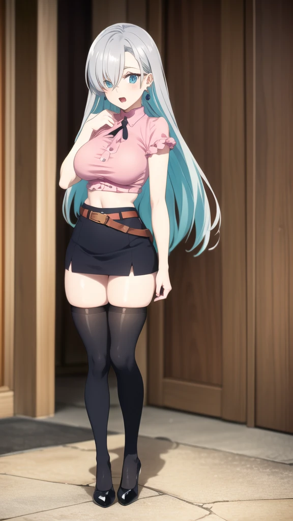 (wallpaper, masterpiece, 1k, anime style: 1.9, (liones castle, full body shot, sensual standing position, looking at the viewer, big breasts, big breasts, open mouth, shy expression, a turquoise blue earring, hair over the eye, high color saturation, bold lines, bold drawing lines, (slender arms, abdomen, single), detailed bold arm lines), (slender arms, slender arms), strong light on the body, simple, wide thighs, pink shirt body, bare arms, bare shoulders, miniskirt, black skirt, belt, a single black thigh-high stocking, asymmetrical leg warmers, (big breasts), pink shirt body, miniskirt, black skirt, belt, black thigh-high stockings, a single thigh-high stocking, asymmetrical leg warmers, perfect hands, seductive, pink shirt body, miniskirt, black skirt, belt, a single black thigh-high stocking,  asymmetrical legs, sensual pose), Elizabeth liones\(the seven deadly sins), young woman, castle of liones, teenager, (curves: 0.8), single, (long hair), (silver hair color: 1.1), white, flat stomach, perfect eyes, white scalp, white eyelashes, blue eyes, anime eyes, white eyeliner, eye shadow, perfect face, shy, sharp focus, professional artwork, intricate details, colorful, vibrant colors, bright colors, digital blur, ultra-detailed body, ultra-detailed hair, ultra-detailed face, shy, very warm colors, sunny day, outdoors, castle of liones, big ass