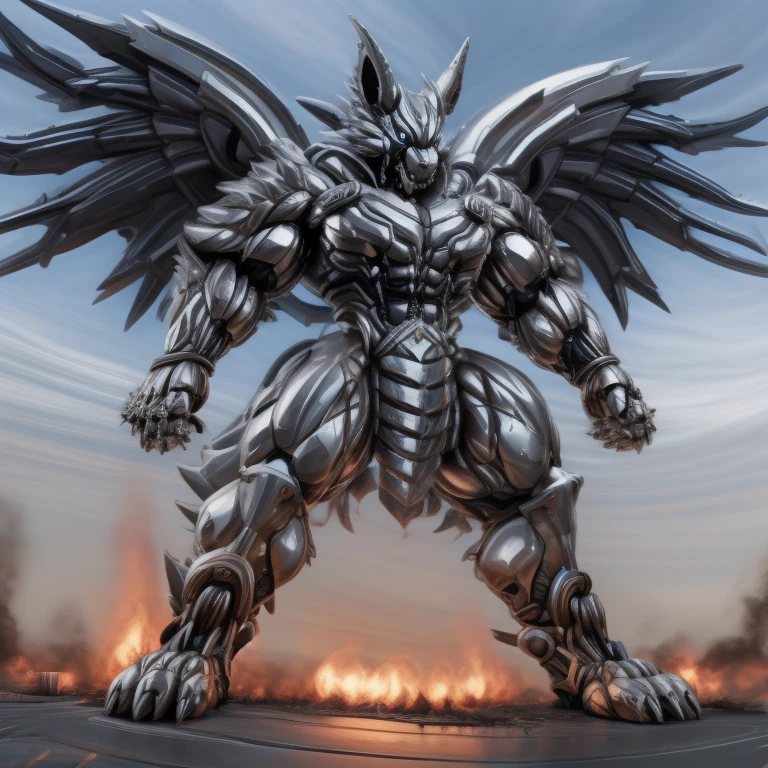 (masterpiece. official art. 8k. best quality. detailed full body. full body.)
(situation 1 : dominating Shiny mega lucario. focus GIANT mechanical Muscular Shiny mega lucario is trampling the CITY. macro. stomp. Low-angle perspective. emphasizing the immense size. The perspective is from below, emphasizing the sheer majesty and power of the Giant. giant art. He is much bigger than a skyscraper. Giga Giants. micro socceeld. looking down.)

(situation 2 :smoke and flames rising from the destruction in the city)

(Additional details 1: wearing a full-face helmet. helmet is jet black. The color of NANOSUIT is jet black. high-tech bio-mecha armor. real texture material. whole body shines like metal. Wearing cyberpunk mecha. emphasizes the muscles. suit fully made of metal. intricate armor. Robotic suit. suit fully made of metal. no face.). (Shiny mega lucario has 5 toes.) Wearing a Full Face Toxic Gas Mask. no blue.
An arrogant expression.
smile at the corner of your mouth.

(Additional details 2: (Detailed head. Detailed Body. Detailed abs. gigantic muscles. HYPER MUSCLES. Gigachad Muscular. big muscle. pecs. triceps. traps. unusually developed muscular body. body full of huge muscles. showing off muscles. pectorales enormes. Exaggeratedly huge muscles. huge muscles. long legs.).

(Additional details 3: nj5furry, Spread wings. It has wings. black have big wings. The claws are sharp. Sharp teeth.5 toes.).  Wearing a Full Face Toxic Gas Mask. 