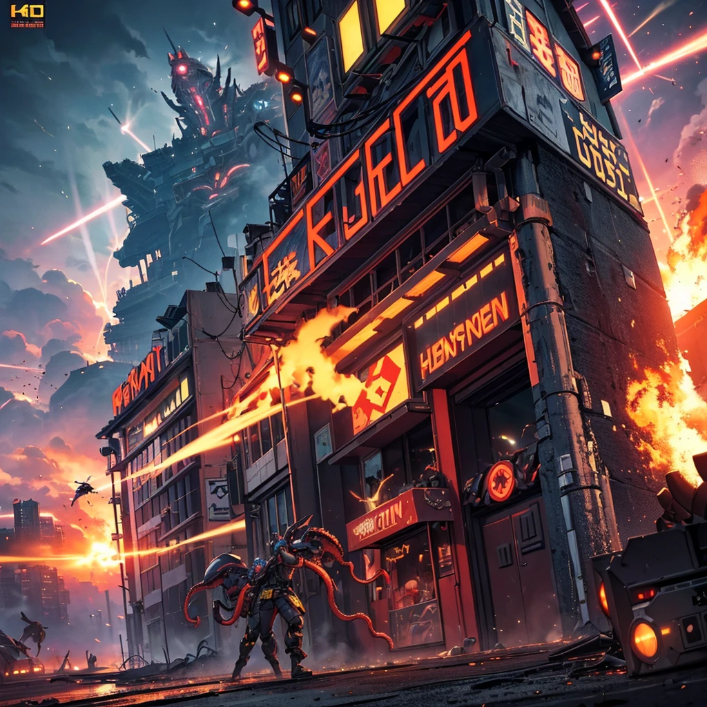 The huge steel explosion-proof door was torn open by the huge monster, night, blood moon, shock, fire