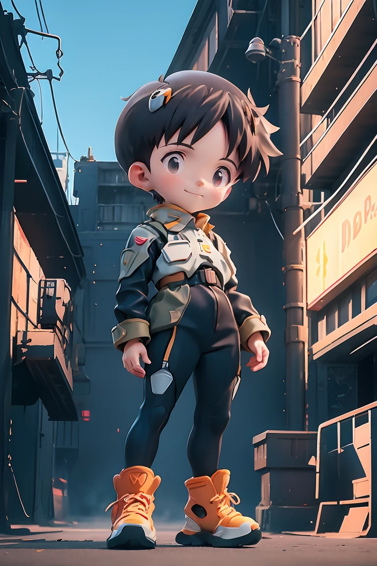 Brown Hair、 long hair、Anchor Shinji、男の子1 person、 shiny hair、 thin waist、small waist、Beauty、 Neon Genesis Evangelion, rebuild of evangelion, Combat Uniform,Wearing a plug suit、  standing , 1 person（Legs spread）, From below, Strong winds, Outdoor,Military base in the background ,smile,Masculine pose、