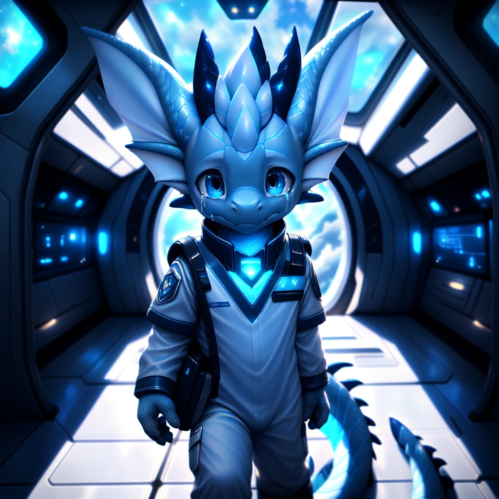 ( detailed crying ,  detailed face,  detailed background ,  detailed body ), (realistic,photorealistic,photo-realistic:1.37) Ein cuteer kleiner Drache Junge mit leuchtenden Flügel, very young, cute, Light blue scales ,  white hair, in a spaceship,  He wears a uniform 