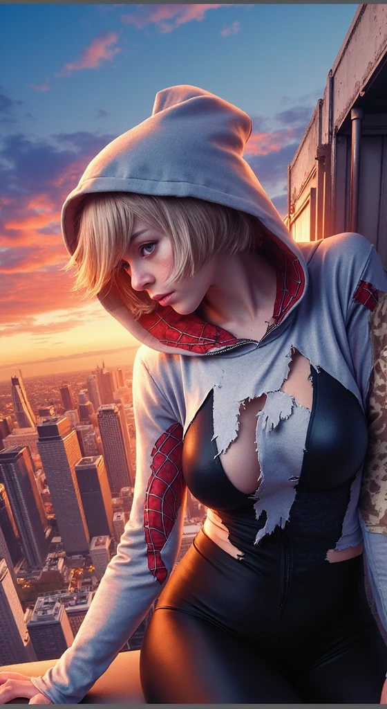  promotional slide ,  Marvel movie poster for 'Spider-Man.: Home field , 'starring Emma Meyer in the Spider-Stirring . [Bob Haircut, She wearing destroyed torn breasts pop out suit skin-tight white and balck red spider-gwen costume,  Climbing the building ,  on a rooftop in Brooklyn, New York City .  title is : "spider-man:Home field " and " coming in 2030 ."