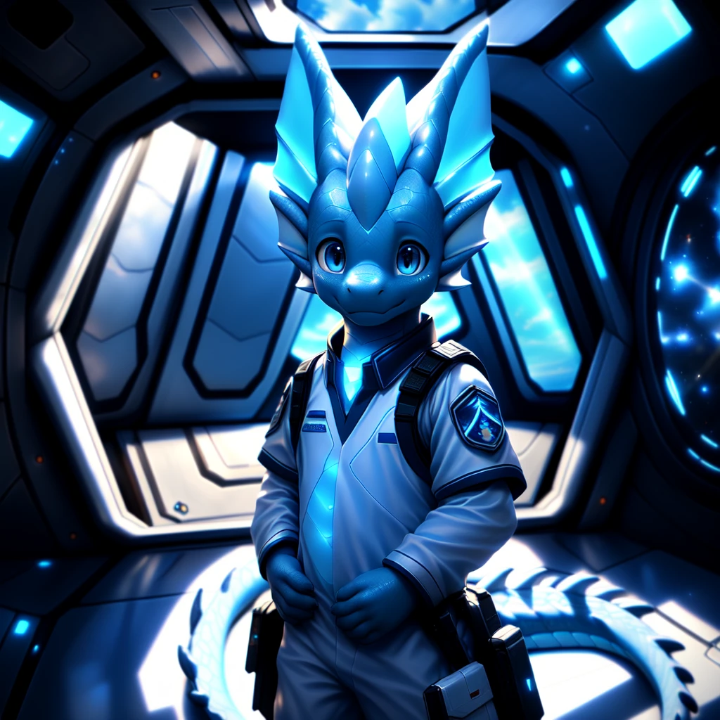 ( detailed face,  detailed background ,  detailed body ), (realistic,photorealistic,photo-realistic:1.37) Ein cuteer kleiner Drache Junge mit leuchtenden Flügel, very young, cute, Light blue scales ,  white hair, in a spaceship,  He wears a uniform 