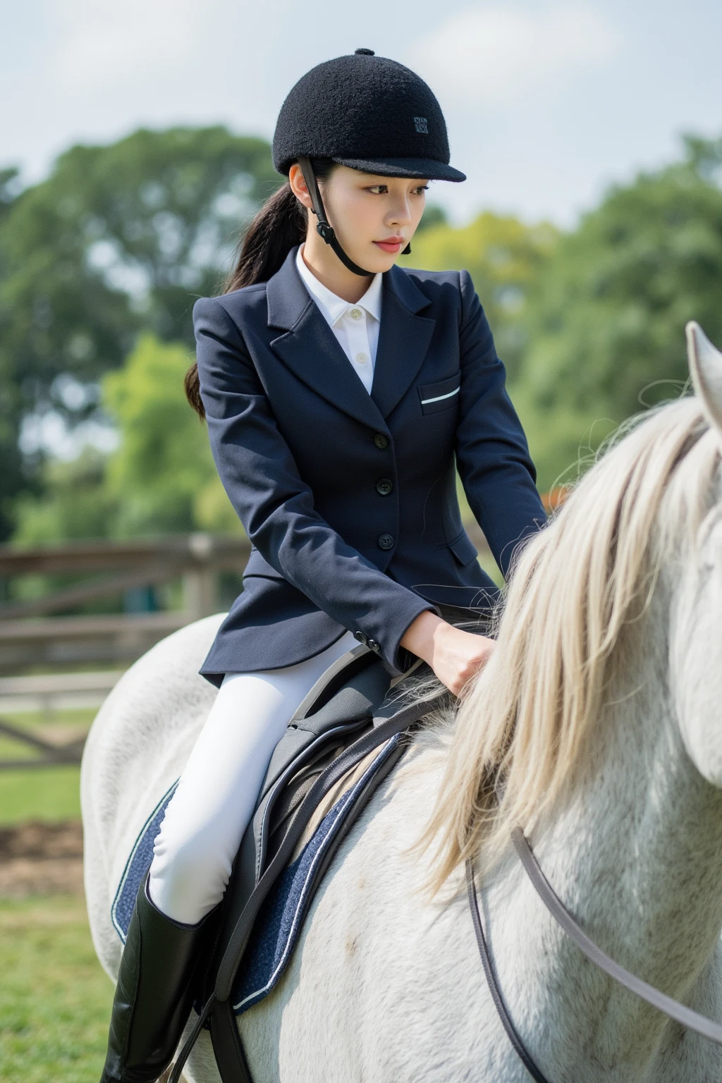 36 years old, female CEO of a listed company in Singapore, round face, chest-length black straight hair tied in a ponytail. Wearing a high-end fashion brand long-sleeved riding suit. Wearing a riding hat. Cute expression. Riding a white horse at the horse farm. Weight about 110 pounds.