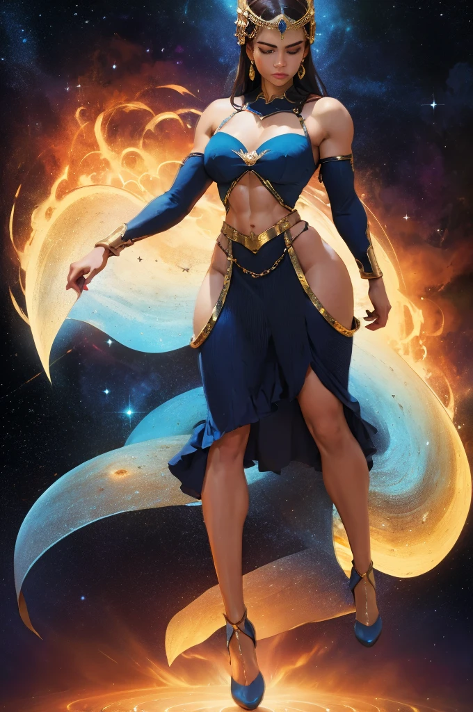 Full shot of a powerful female figure, likely a superhero or mythological character, posed amidst a cosmic backdrop. 


The woman is centrally positioned and features exaggerated musculature.  Her skin is a dark tone, and her hair is long, dark brown, and flows dramatically around her shoulders and back.  She wears ornate, jewel-encrusted, blue and gold-accented garments that seem like a combination of a top, skirt, and leg armor. The blue garments have a flowing, almost draped quality.  Numerous gemstones and gold embellishments adorn her attire. She wears a headdress or headpiece with a pointed element that extends upward. Her expression is serious and powerful.


The background is a stylized depiction of space with a large, light-blue crescent moon-like shape within a ring of stars that extends out from the figure.  Other celestial bodies, orange and red-hued, are visible in the background, giving a sense of vastness and cosmic setting. 


The overall style is detailed, almost comic book-like, with a focus on muscularity and stylized adornment, suggesting a superhero or fantasy illustration. The color scheme is rich in blues, gold, and varying shades of orange and red, contrasting nicely with the cosmic backdrop.