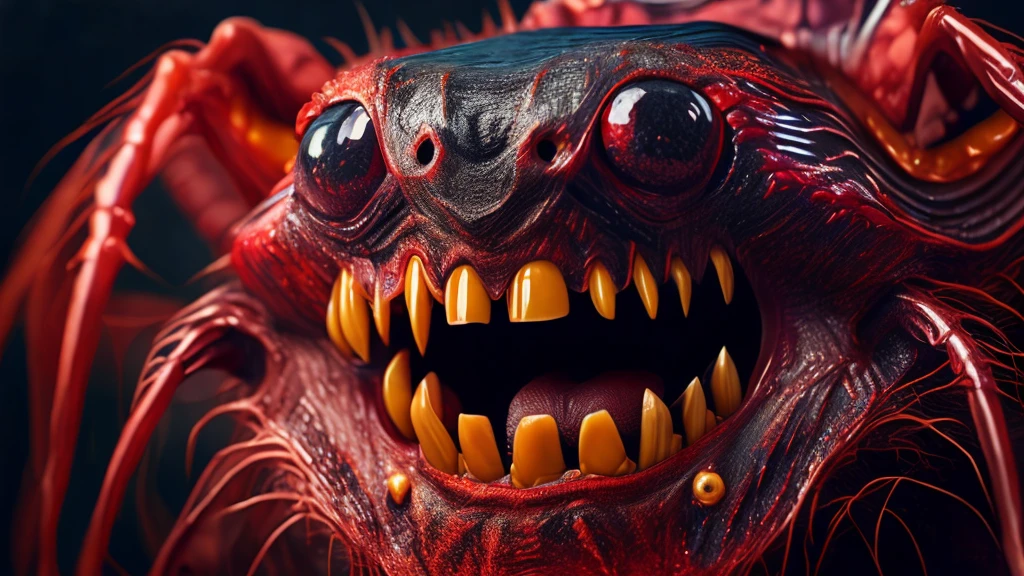 close up of a giant dark red flea-like creature with it's mouth open attacking forward, gore, nightmare 