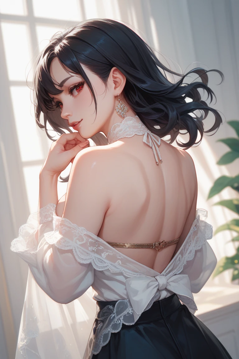 ((Biologically correct limb count))、(( Full-body photo including face))、4K、((Standing position))、masterpiece、((Focus on the face))、((Symmetrical facial features))、Eye for detailed depiction、Beautiful blue-haired woman、Excellent style、Beautiful clavicle、Beautiful feet、Beautiful Hands、Slender body、(Black Stockings、garter belt、High heels)、Facial detailing、Small earrings、necklace、(No sleeve、red gothic dress)、tie、sunny、(((Photo frame with white border)))、Seductive posture、((She is sitting with her buttocks thrust back and her upper body arched, looking up.))、Looking at the night view、(Low - Angle、A camera angle that captures the inside of a skirt from below)、Silk gloves、(((Black Hair、Silver Hair)))、(((Moments of ecstasy)))、((Looking back))、Close-up photo of the upper body、