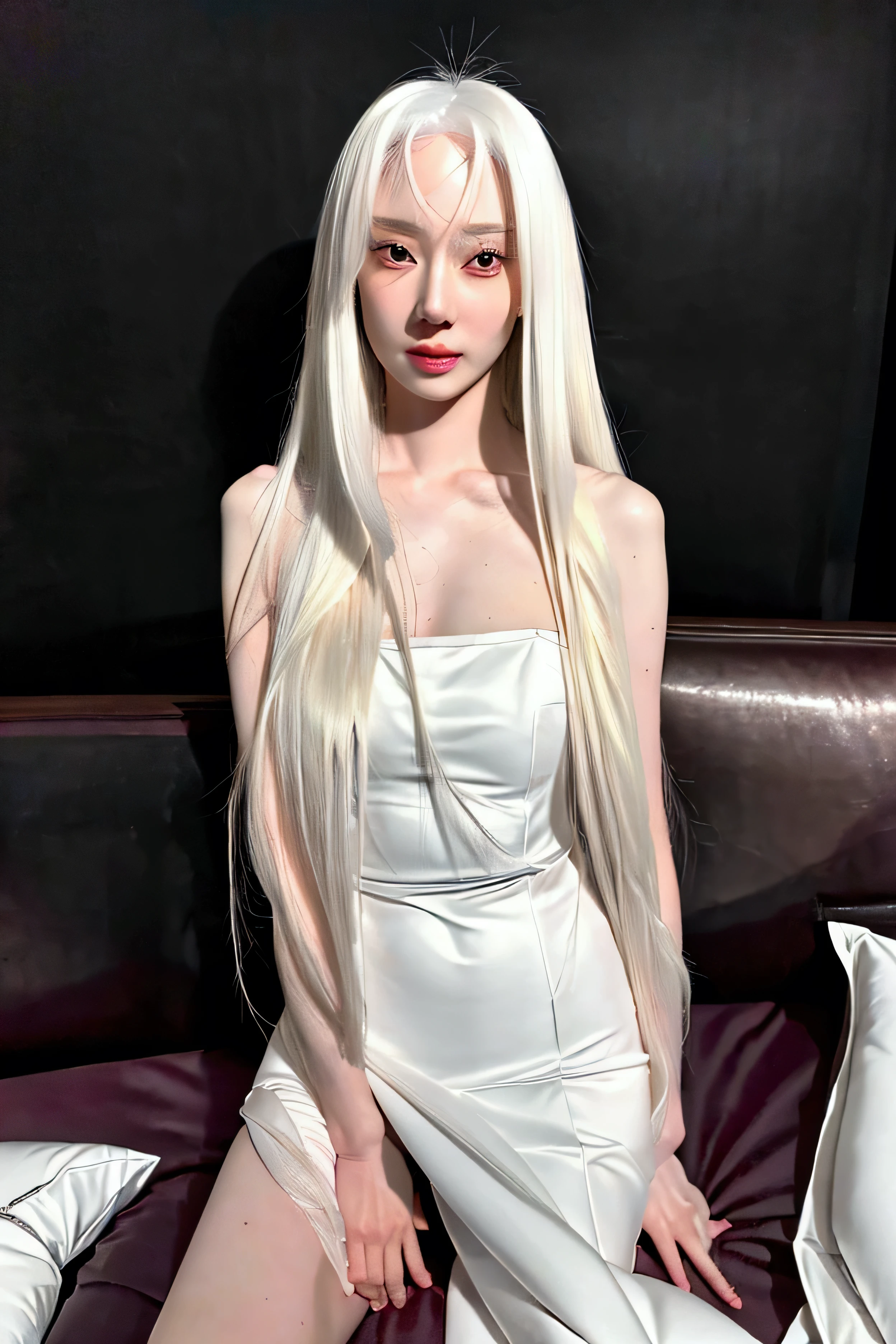 a beautiful middle-aged woman with long white hair and a slender figure, sitting naked on a bed in a sexually aroused state, looking at the viewer and spreading her legs, detailed facial features, high quality, photorealistic, dramatic lighting, cinematic composition, erotic, intimate, sensual