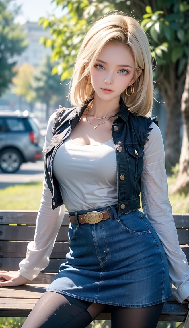 Android 18, Light Blonde hair, Medium hair shaggy cut for women, Blue Transparent eyes of Slavic Caucasians, She has sexy double eyelids above and below her eyes, The flash in the eyeballs is brilliant, She is not wearing any jewelry such as a necklace around her neck, open-chested Black -shirt, Not wearing a bra, She only Wears round earrings, Tight Long sleeves with black stripes on a white background, Blue denim mini vest, Blue denim mini skirt, The denim mini skirt and denim mini vest set in the same blue color, The mini denim vest does not have a zipper, but the mini denim skirt does, and the denim vest has five silver buttons to fasten the garment, The denim skirt's zipper seam line and stitching run vertically straight to the bottom of the skirt, and the denim vest has no zipper, so it's clean, Open-chested denim vest, Large breasts, Women's Western Cowboy Belt, Brown see-through pantyhose, Western short boots, Looking at viewer, Her whole body is visible on the screen, She is standing in front of the bench Her entire body is visible on the screen, from her head to her boots, Slight smiling with closed lips standing next to bench , Blue sky, outside, park, grass, Summer, trees, blue sky, high quality, masterpiece,