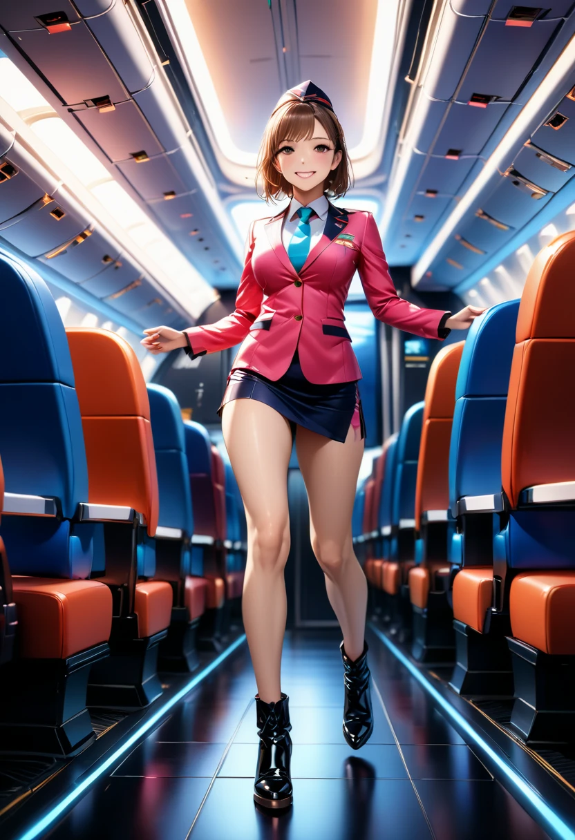 A beautiful flight attendant in an orange and pink dress, with a very detailed and gorgeous face, eyes, and anatomy, wearing a mini skirt and boots uniform, smiling in the aircraft cabin, photographed from a dynamic angle, with shallow depth of field, chromatic aberration, (best quality, 8k, ultra-detailed, super fine illustration, professional lighting, 1 person, extremely detailed beautiful face and eyes, perfect anatomy, pro-quality, photorealistic, incredibly refined, absurdly high-quality, state-of-the-art, AI-generated, hyper-realistic)