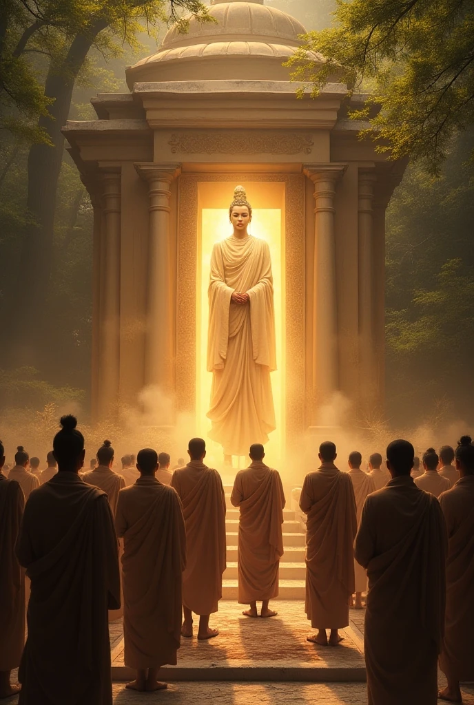 Two monks descended the stairs towards the golden sky., on path to enlightenment, on path to enlightenment, Lots of creatures walking around., Buddhism, Spiritual Enlightenment, monk meditate, Buddhist, angel, buddhist monk, She's approaching heaven., Hindu Meditation Steps, She's going to heaven., enlightenment, Afterlife, The holy man looked at the ground., Enlightened, Spiritual Evolution