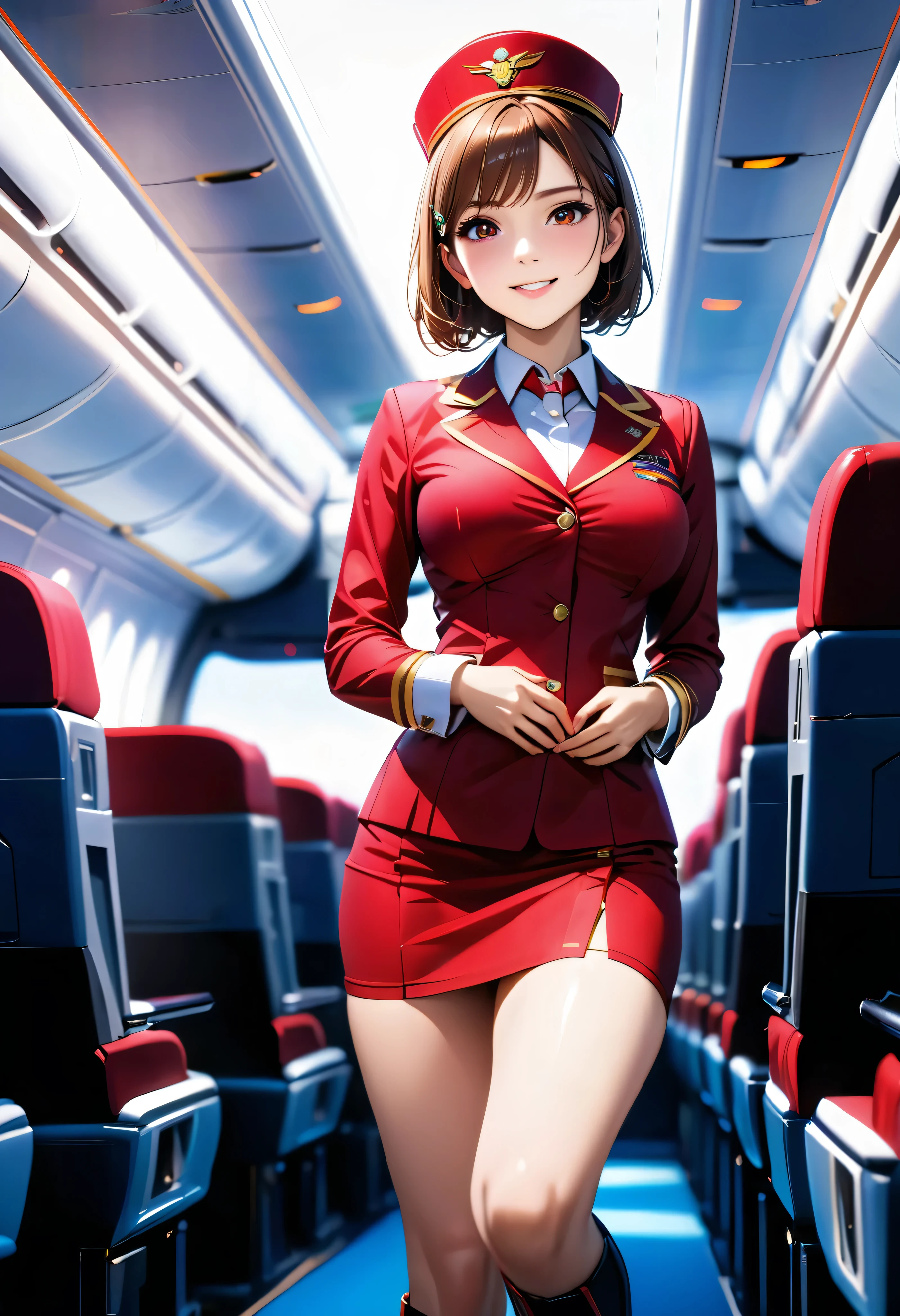 A beautiful flight attendant in an orange and pink dress, with a very detailed and gorgeous face, eyes, and anatomy, wearing a mini skirt and boots uniform, smiling in the aircraft cabin, photographed from a dynamic angle, with shallow depth of field, chromatic aberration, (best quality, 8k, ultra-detailed, super fine illustration, professional lighting, 1 person, extremely detailed beautiful face and eyes, perfect anatomy, pro-quality, photorealistic, incredibly refined, absurdly high-quality, state-of-the-art, AI-generated, hyper-realistic)