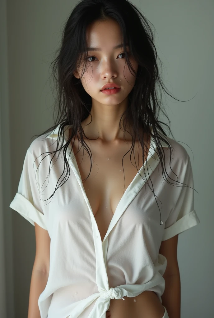 (Cinematic tones)(The movie is a cool gray tone)(Wet clothes:1.9),(whole body Dripping wet:1.9),Top image quality, tmasterpiece, 超A high resolution, (fidelity:1.4), Photore,drenching, stunningly beautiful woman, (Sorrow), white shirt, dim murky lights, shadowy, Desperate, pity, Pathetic, Cinematic, Tears, tear drop, (ripped clothing:1.5), (Wet clothes:1.4), bare shoulders, Real rain, wetting hair、huge tit