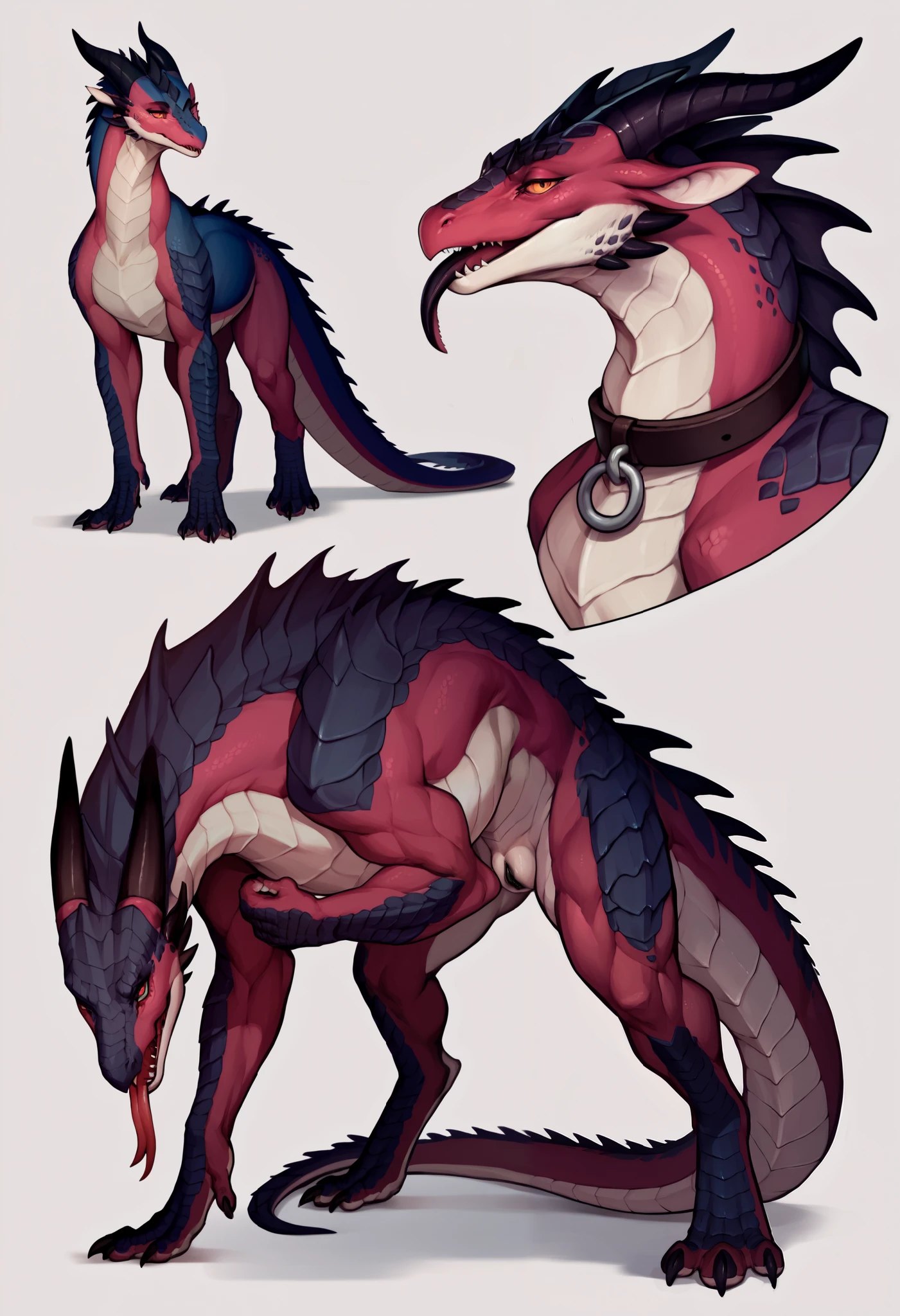 solo, female, dragon, feral quadruped dragon, colored fur, fluffy fur, , lean body, feral dragon, female, lean build, bioluminescence, uniform scales,, mouth open, feminine figure, dragon demon, bara, dragon pussy between scales, asshole, open nude, petite, quadruped, panting, Seductive expression, large breasts, solo, collar around neck, character reference, standing, thick black tendril tongue, black pussy, Wingless, character reference