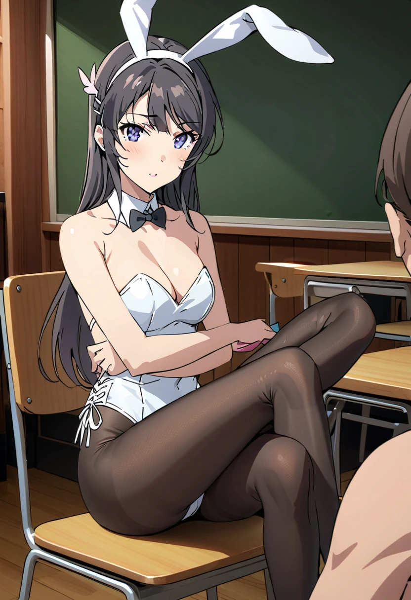 Mai Sakurajima, Playboy Bunny, Black bowtie, Pantyhose, strappy stiletto heels, Invite a man, classroom, Crossing your legs