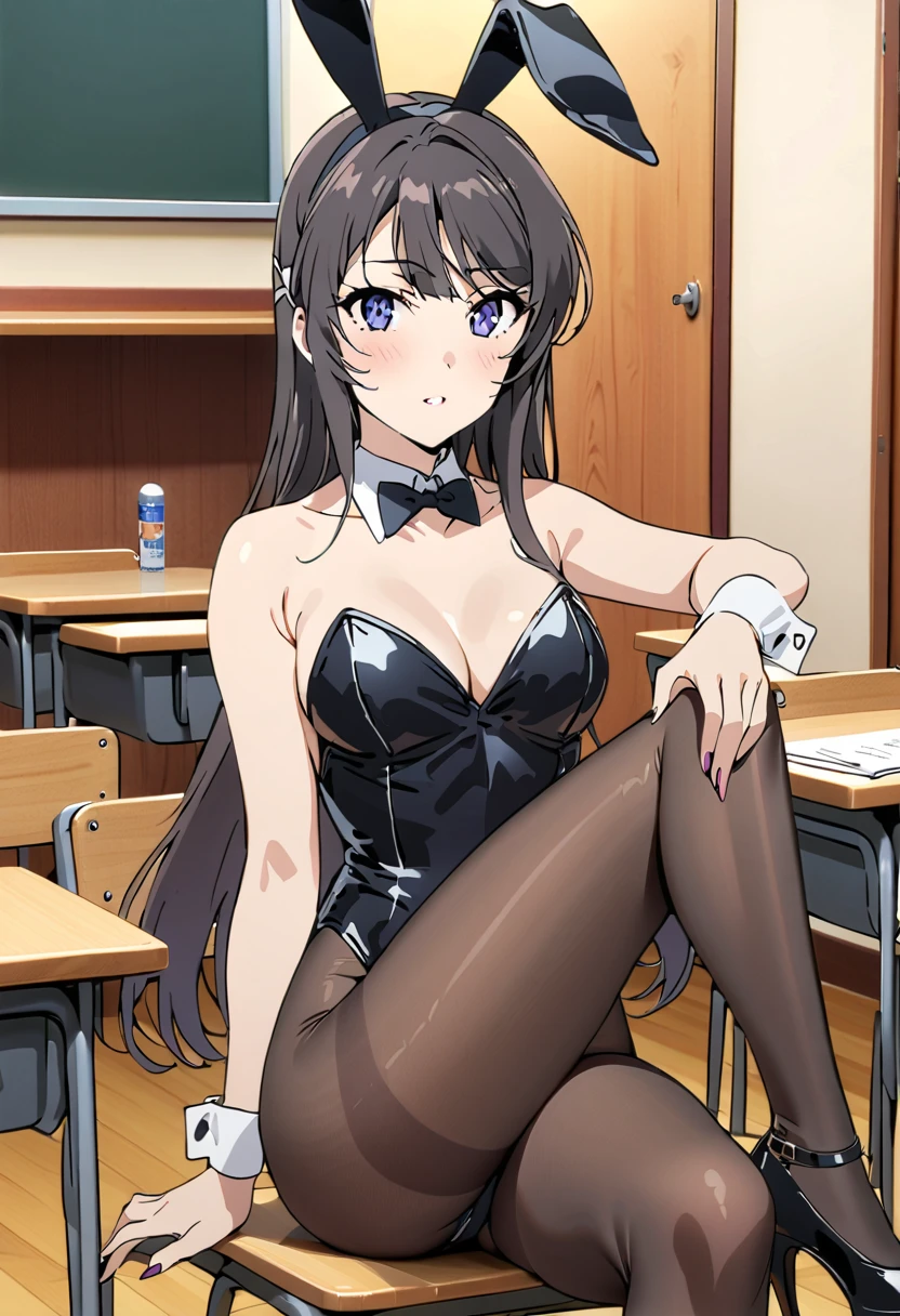 Mai Sakurajima, Playboy Bunny, Black bowtie, Pantyhose, strappy stiletto heels, Invite a man, classroom, Crossing your legs